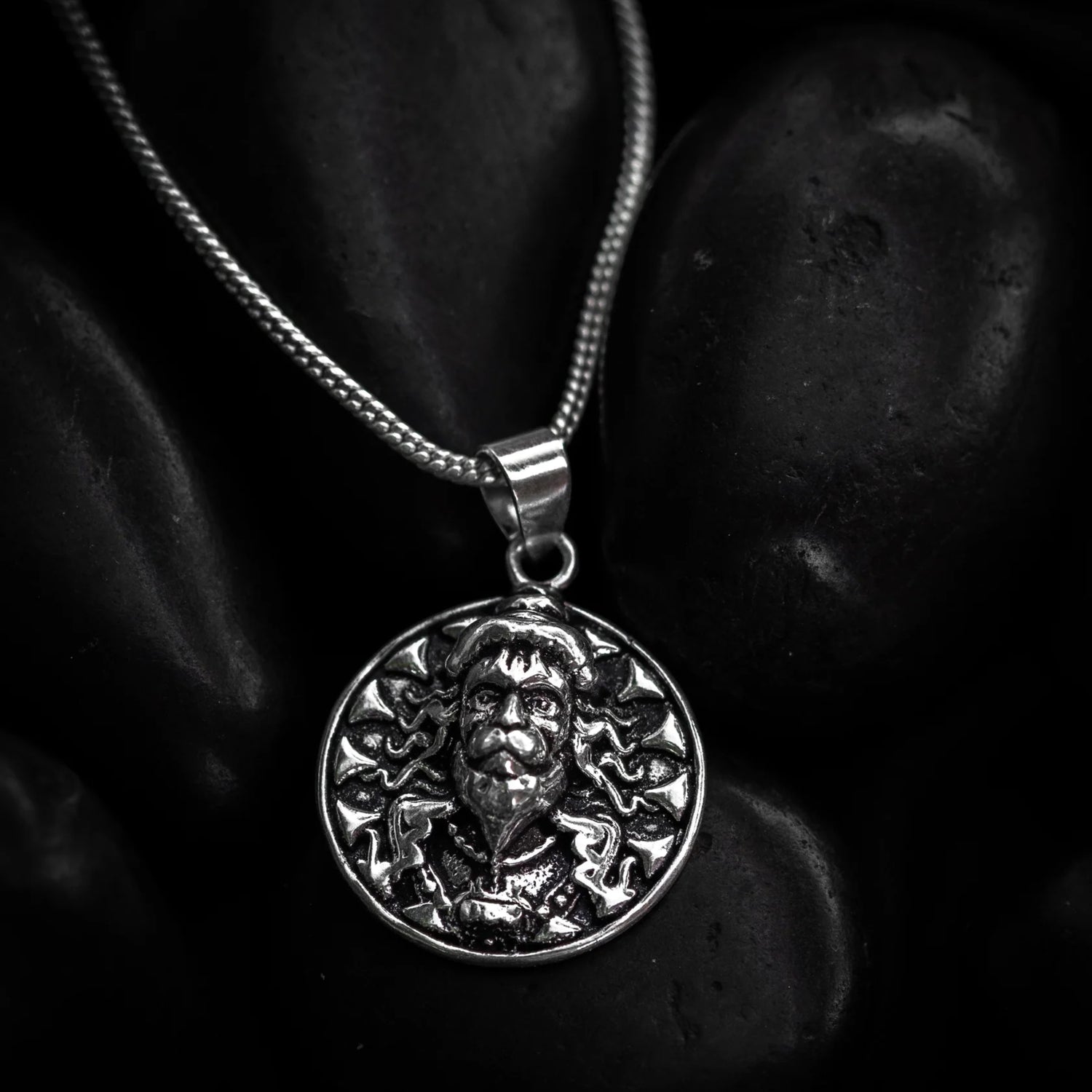Silver pendant necklace with intricate design on a dark background श्री हनुमान जी Round Pendant Locket with Chain 
