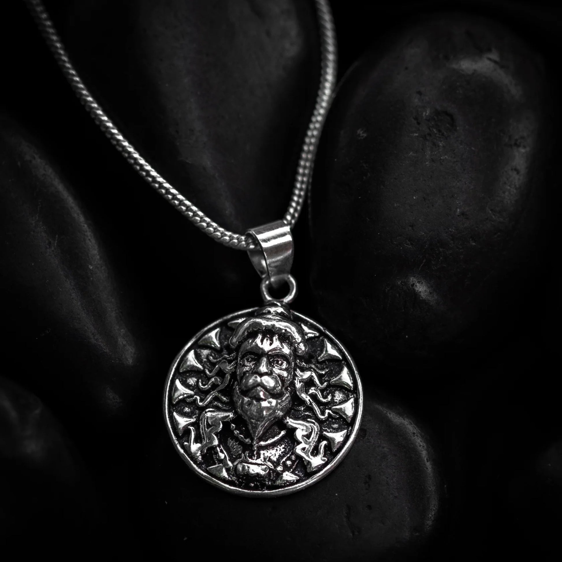 Silver pendant necklace with intricate design on a dark background श्री हनुमान जी Round Pendant Locket with Chain 