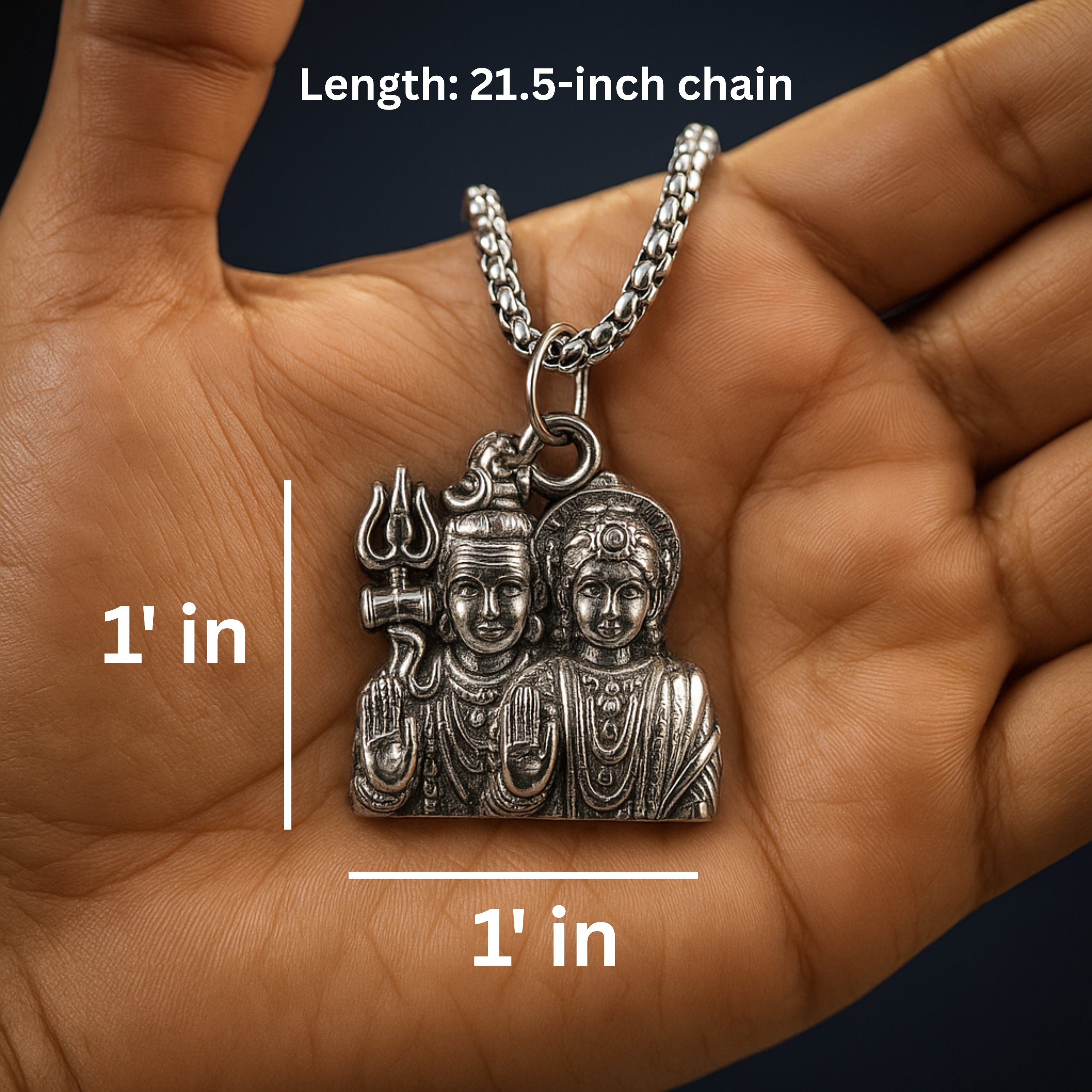 Silver pendant with measurements on a hand ShivaParvati LocketwithChain