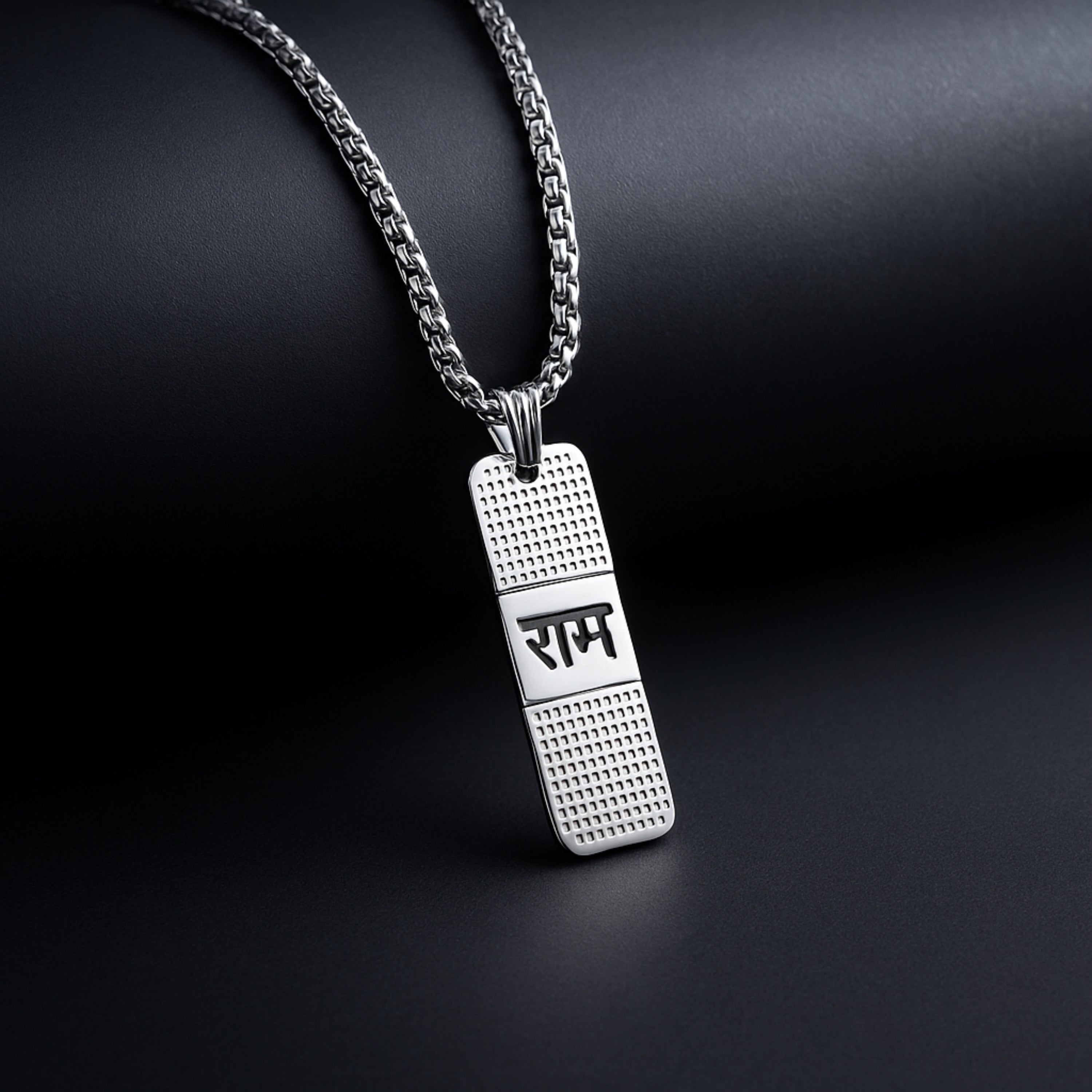 Silver pendant necklace with engraved text on a dark background ShriRamNaamPendantLocketwithChain