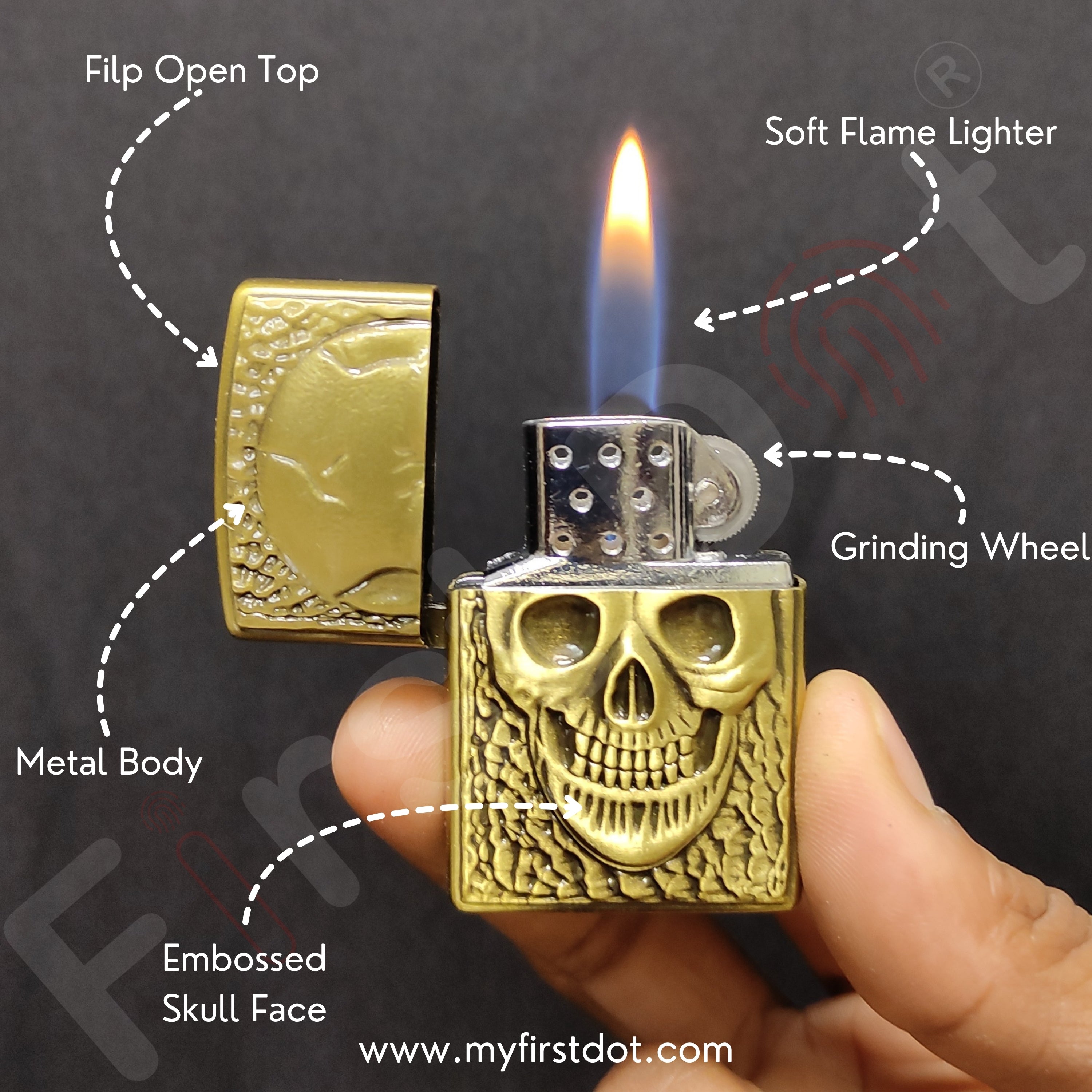 Gold skull lighter with labeled parts on a dark background