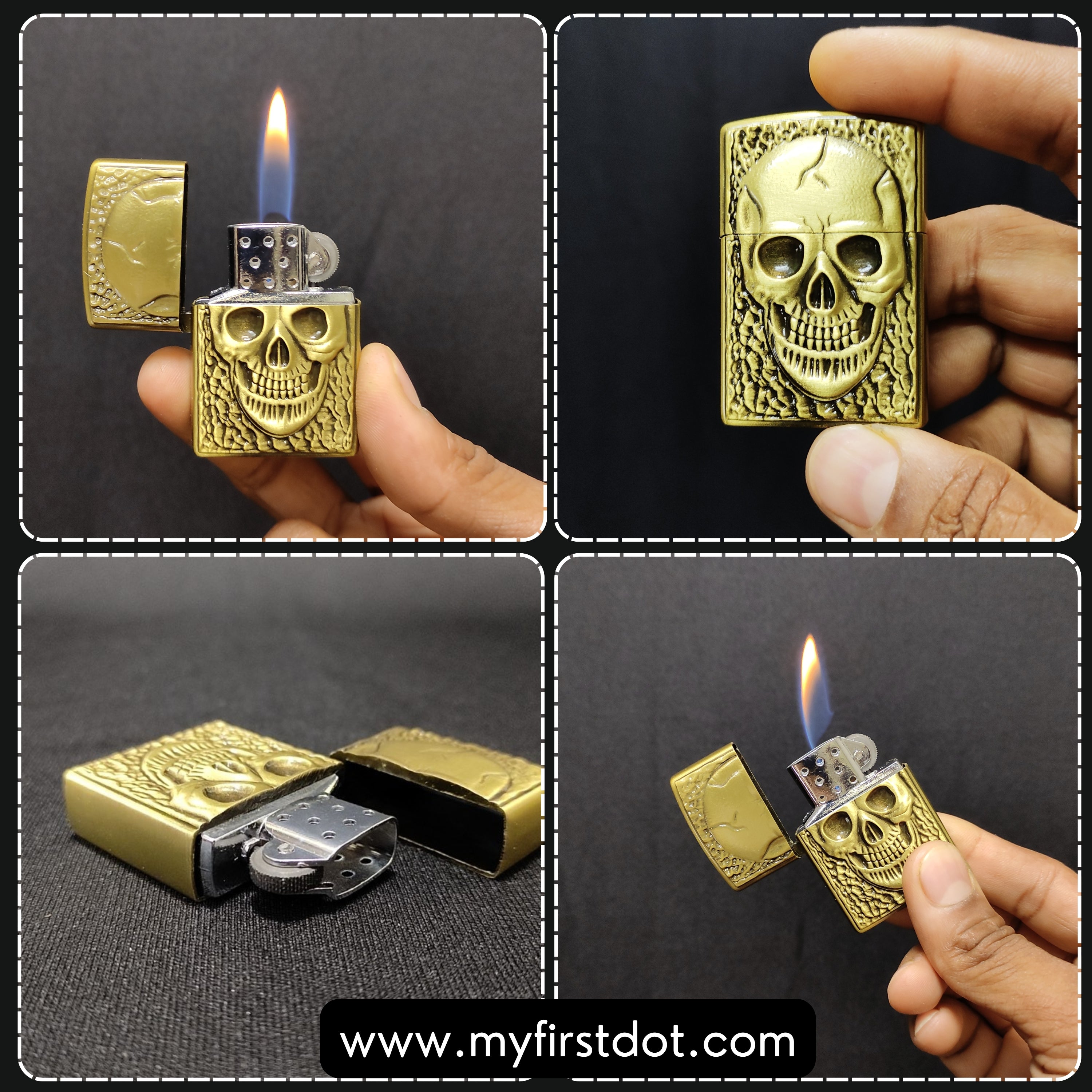 Gold skull lighter being held and used with close-up details on a dark background.