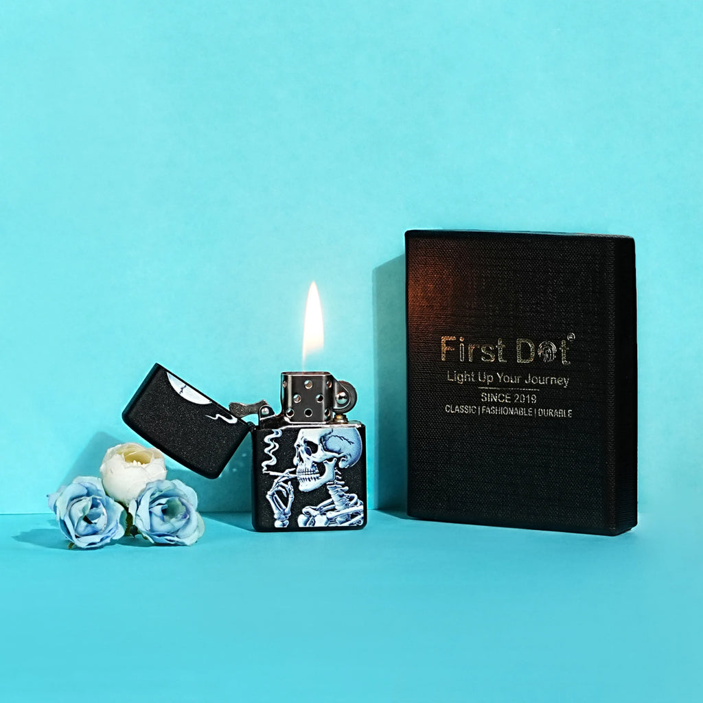 Lighter with skull design, black case, and 'First Dot' branding on a blue background Skull Premium Refillable Cigarette Lighter