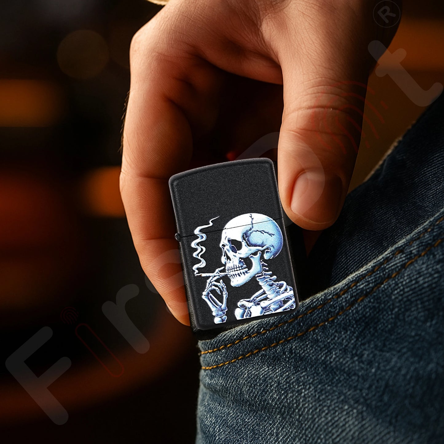 Hand holding a black lighter with a skull design against a blurred background Skull Premium Refillable Cigarette Lighter