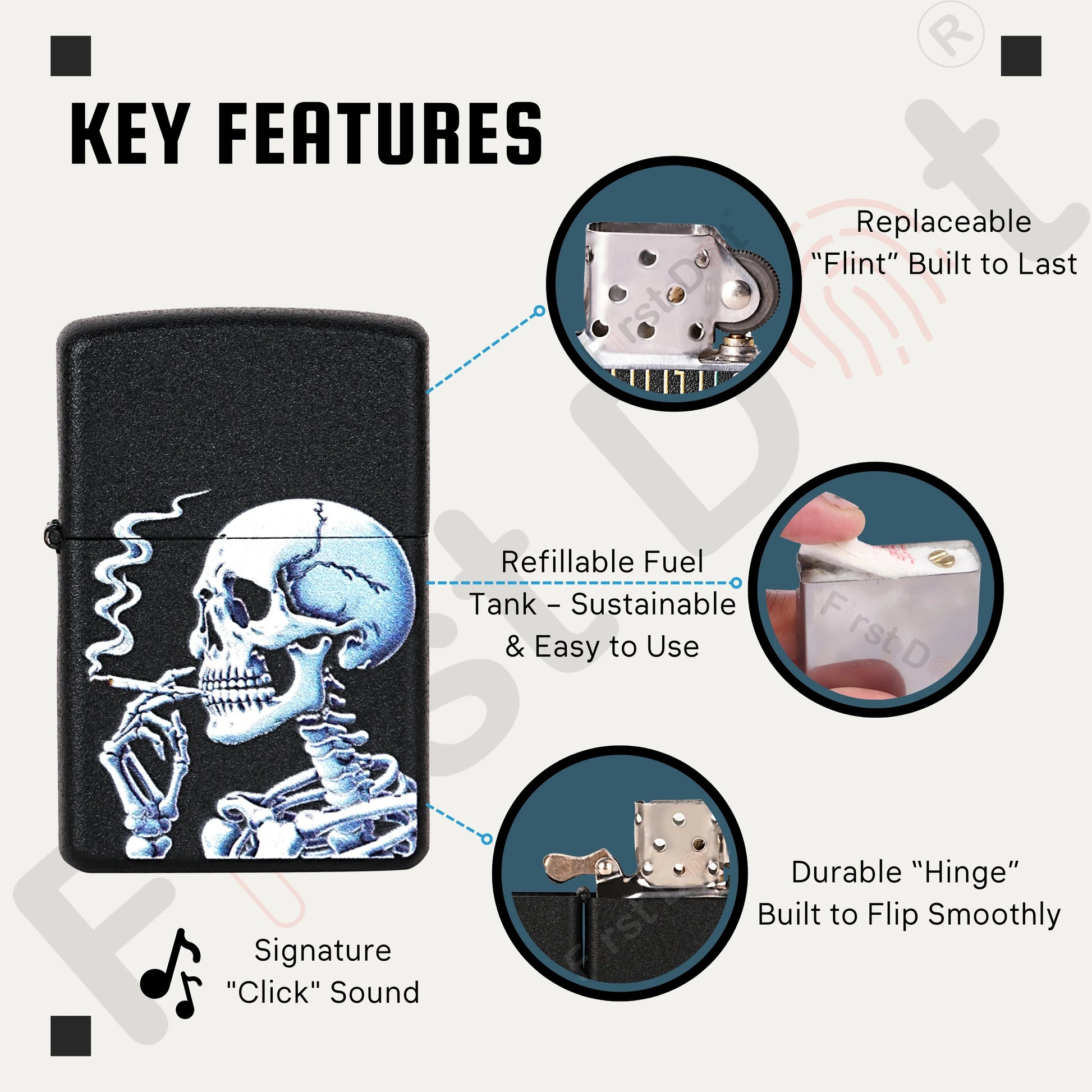 Lighter with skeleton design and key features highlighted on a white background Skull Premium Refillable Cigarette Lighter