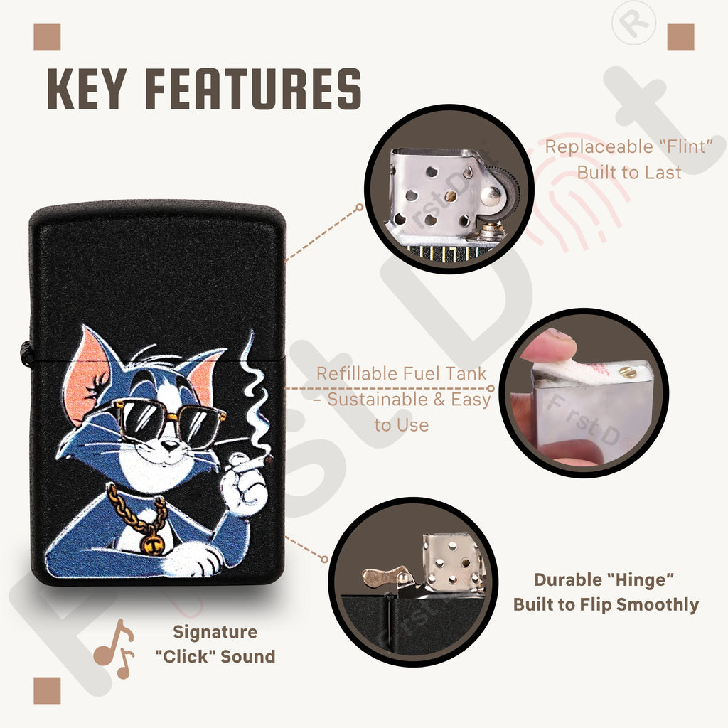 Lighter with cartoon cat design and key features highlighted on a white background Smoke Tom Premium Refillable Cigarette Lighter First dot