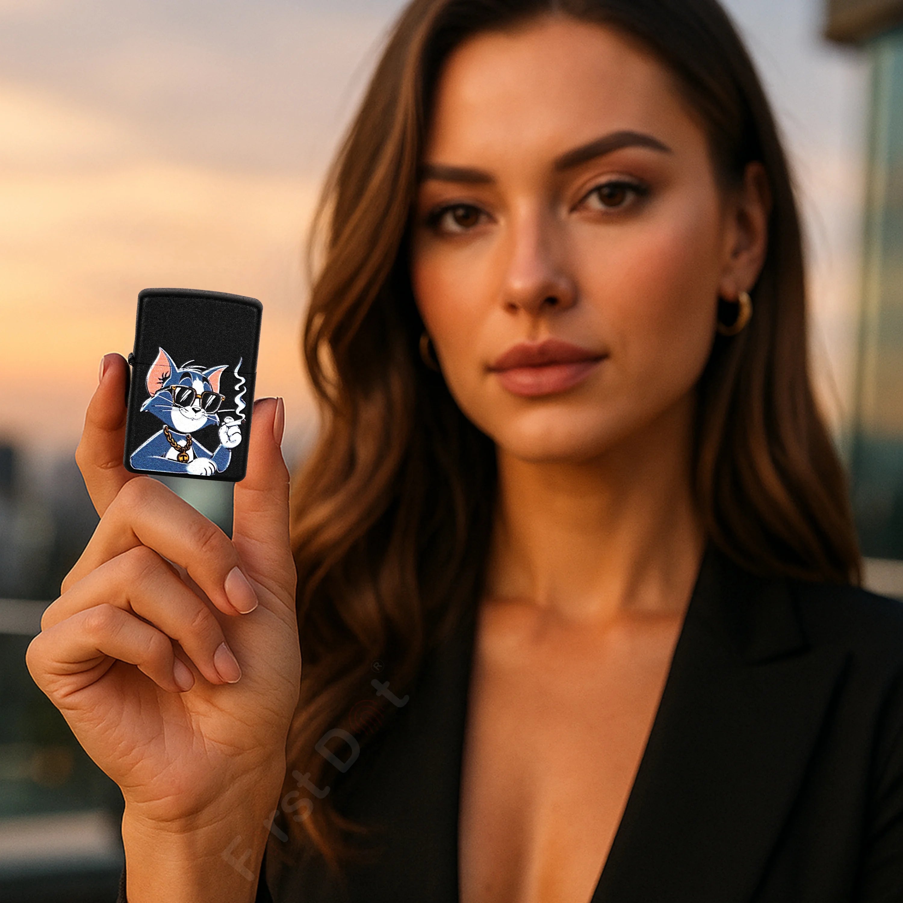 Woman holding a small Smoke Tom Premium Refillable Cigarette Lighter First dot with a cartoon character on it, outdoors.