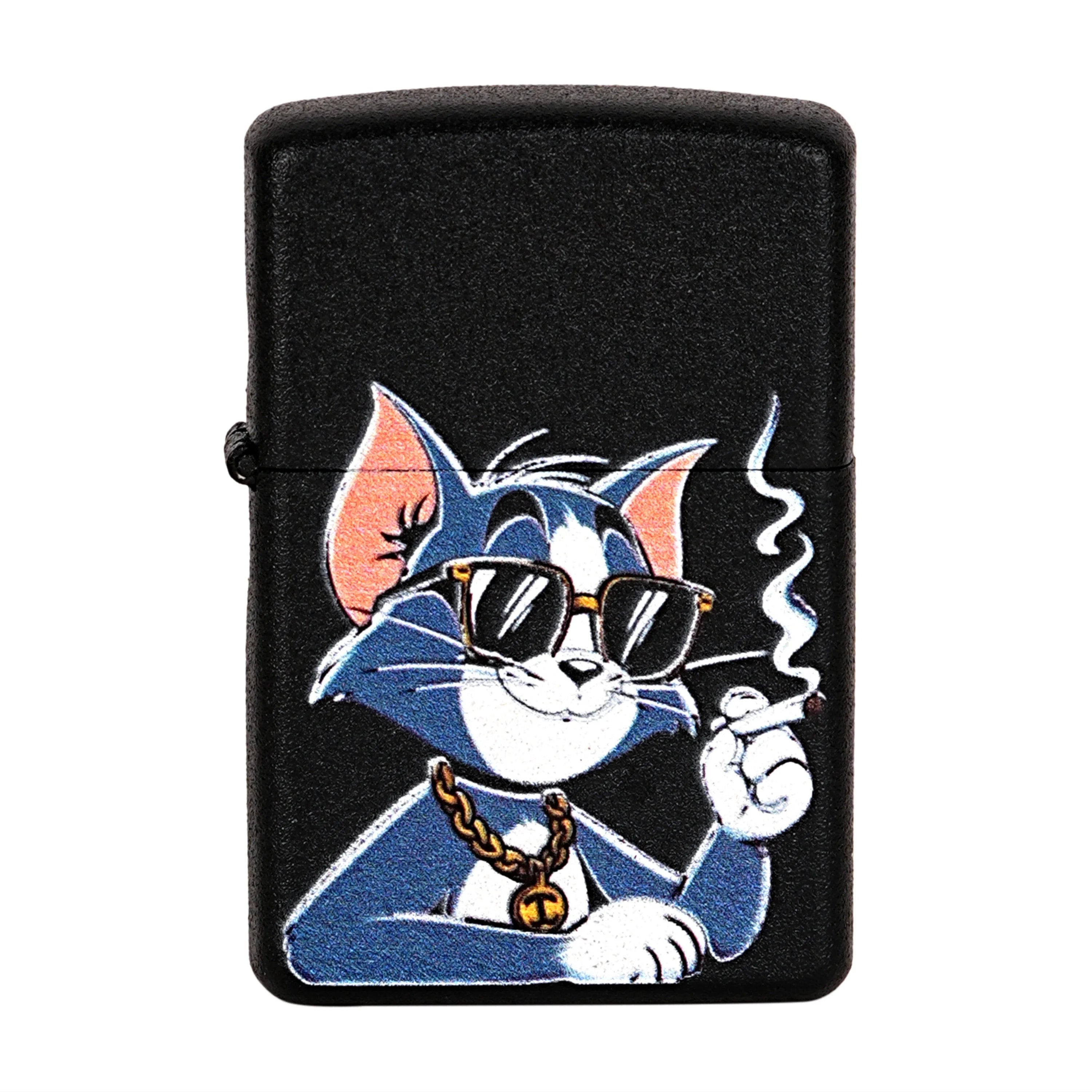 Lighter with cartoon cat design wearing sunglasses and smoking a cigarette on a black background Smoke Tom Premium Refillable Cigarette Lighter First dot