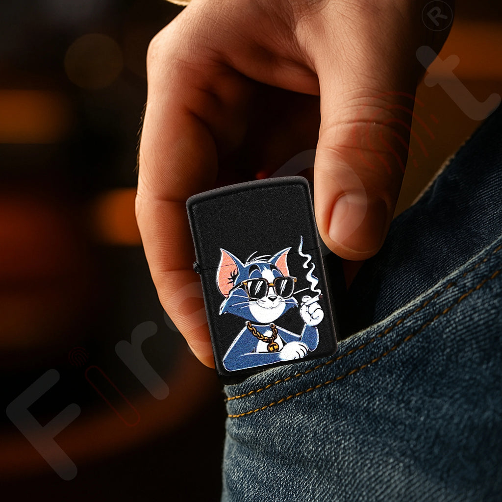 Hand holding a First dot lighter with a cartoon cat design against a dark background Smoke Tom Premium Refillable Cigarette Lighter First dot
