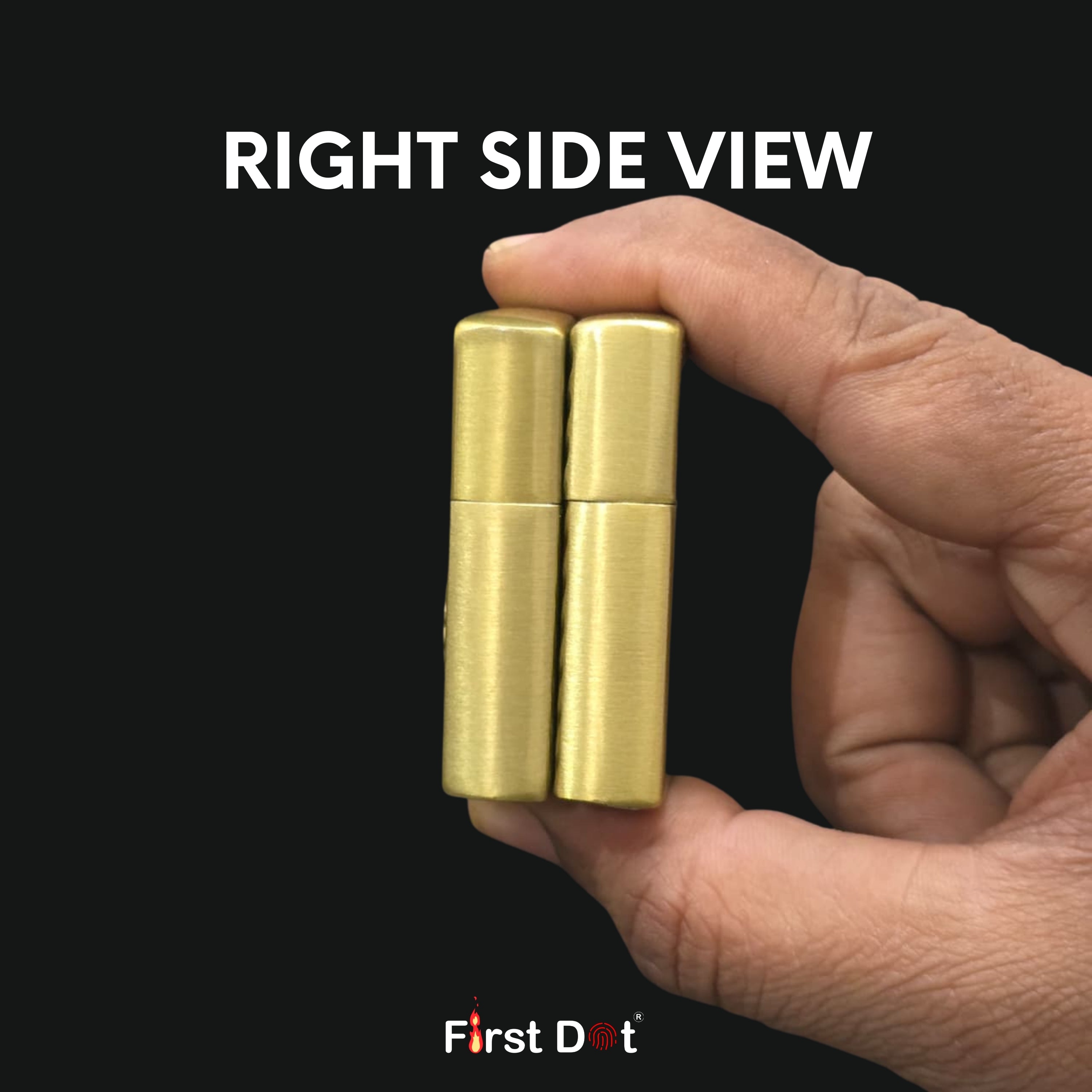 Hand holding two gold cylindrical objects with 'First Dot' branding on a black background