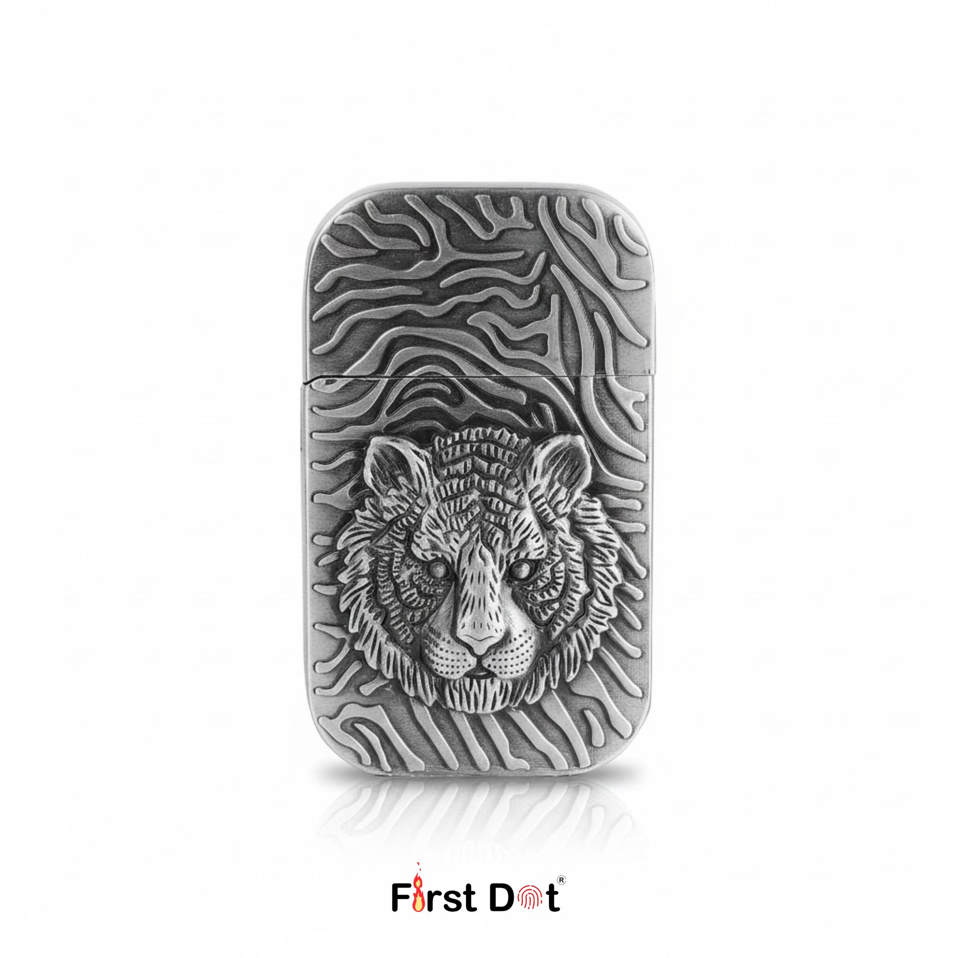 Metallic tiger head Lighter design on a white background with 'First Dot' branding.
