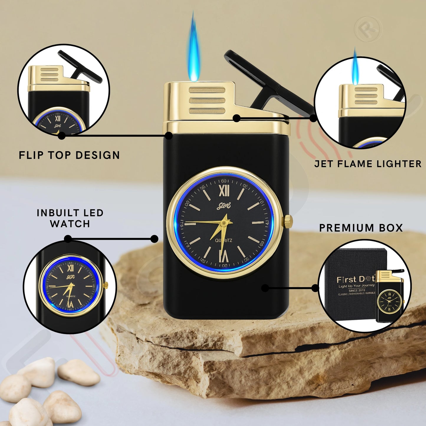 Striped Jet Flame Luxury Watch Lighter for Men - Black