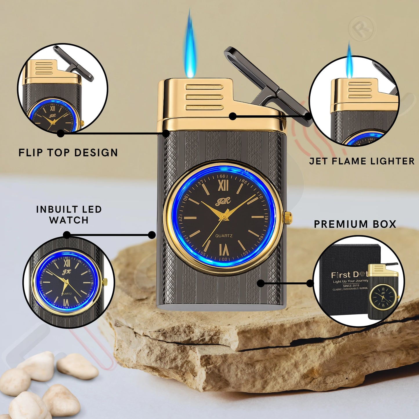 Striped Jet Flame Luxury Watch Lighter for Men - Grey
