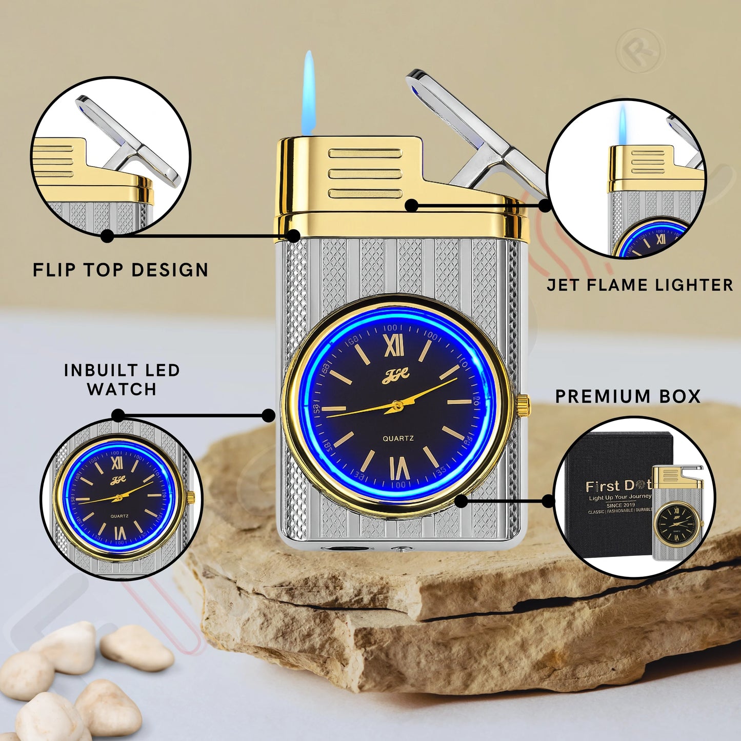 Striped Jet Flame Luxury Watch Lighter for Men - Silver
