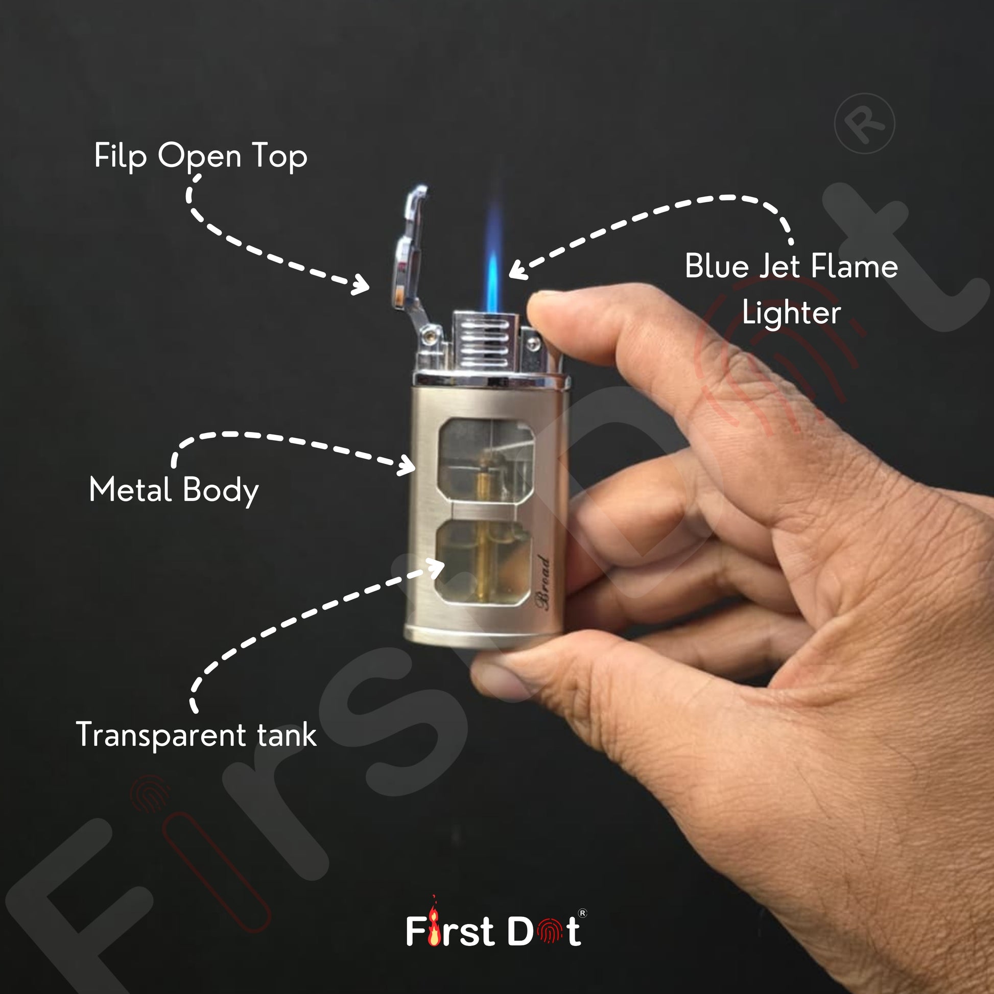 Hand holding a lighter with labeled features on a black background, featuring the brand 'First Dot'.