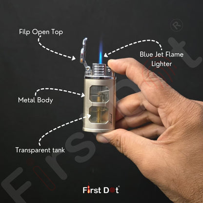 Hand holding a lighter with labeled features on a black background, featuring the brand 'First Dot'.