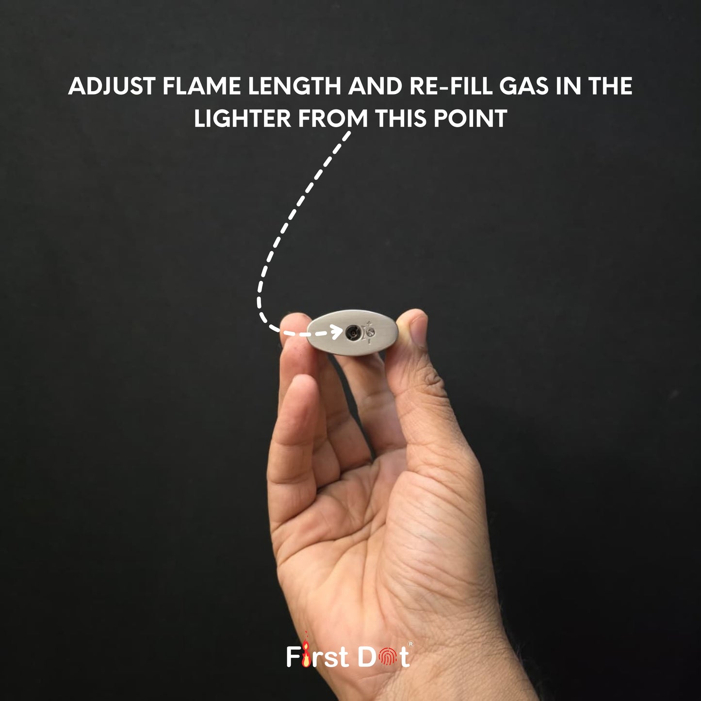 Hand holding a lighter with text on adjusting flame length and refilling gas, against a black background.