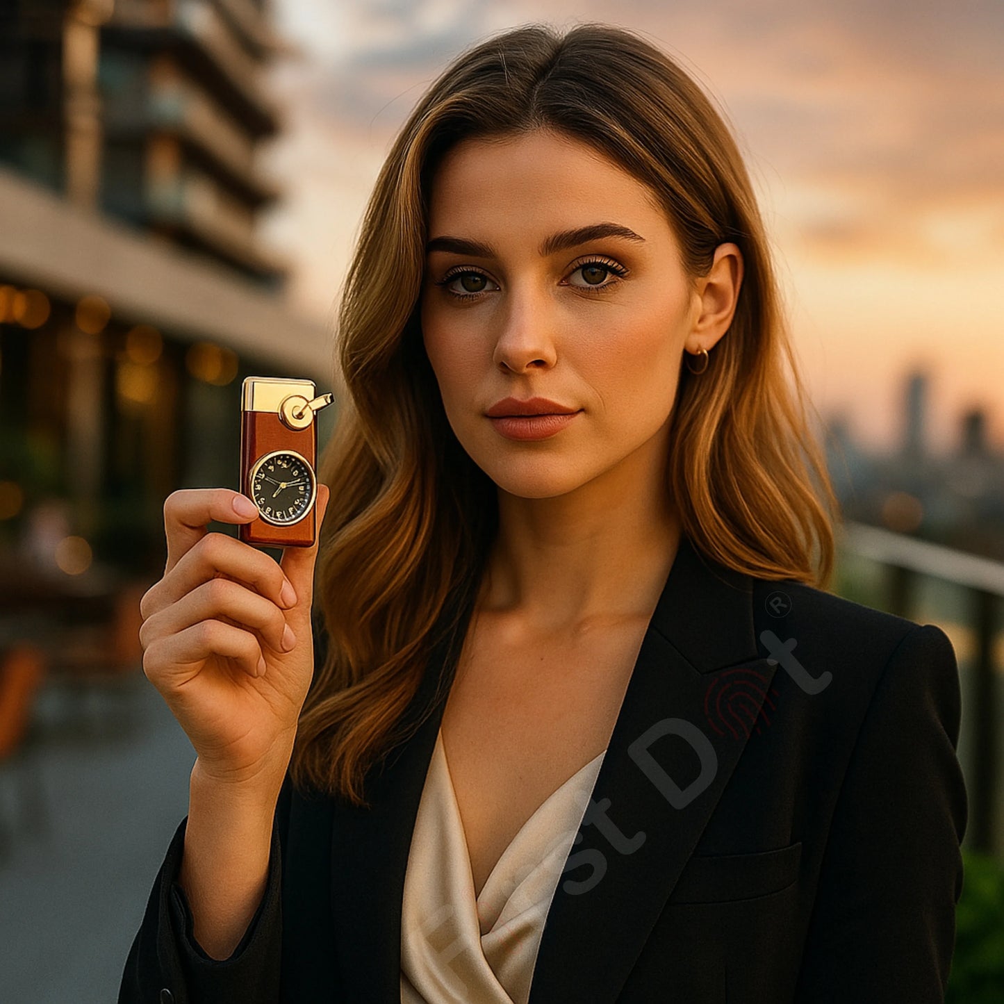 Woman holding a vintage-style watch with a cityscape in the background