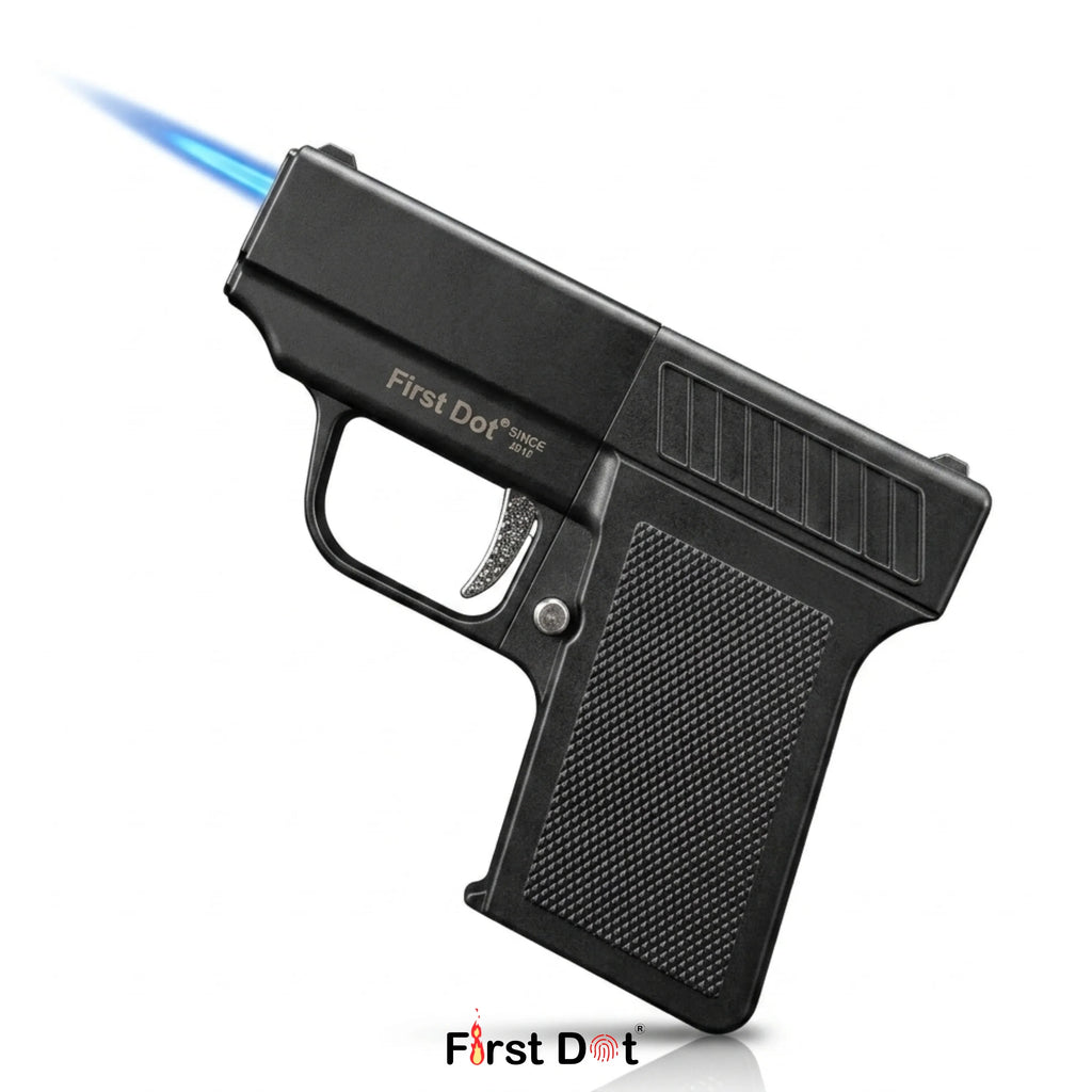 Black gun-shaped lighter with blue flame on a white background