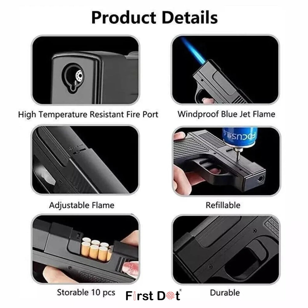 Tactical Gun Lighter with Cigarette Case – 10 Slot storage Jet Flame
