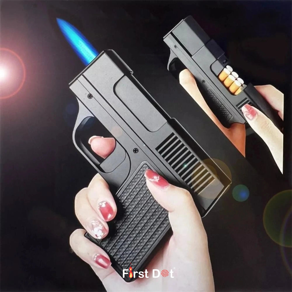 Tactical Gun Lighter with Cigarette Case – 10 Slot storage Jet Flame