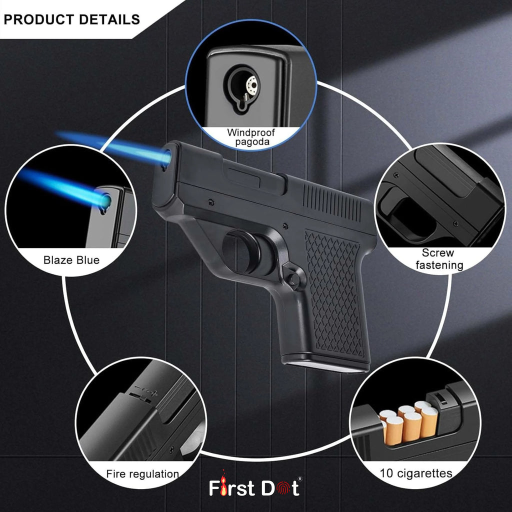 Tactical Gun Lighter with Cigarette Case – 10 Slot storage Jet Flame
