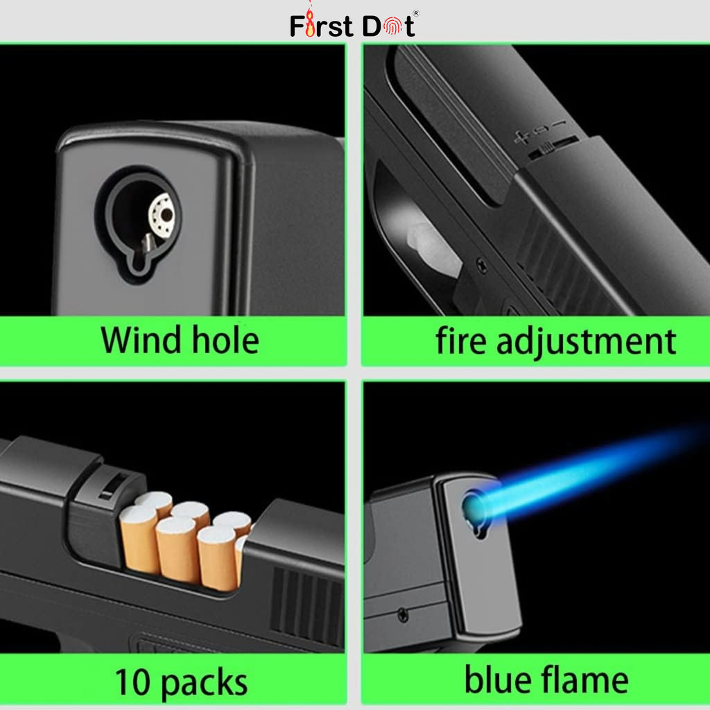 Tactical Gun Lighter with Cigarette Case – 10 Slot storage Jet Flame