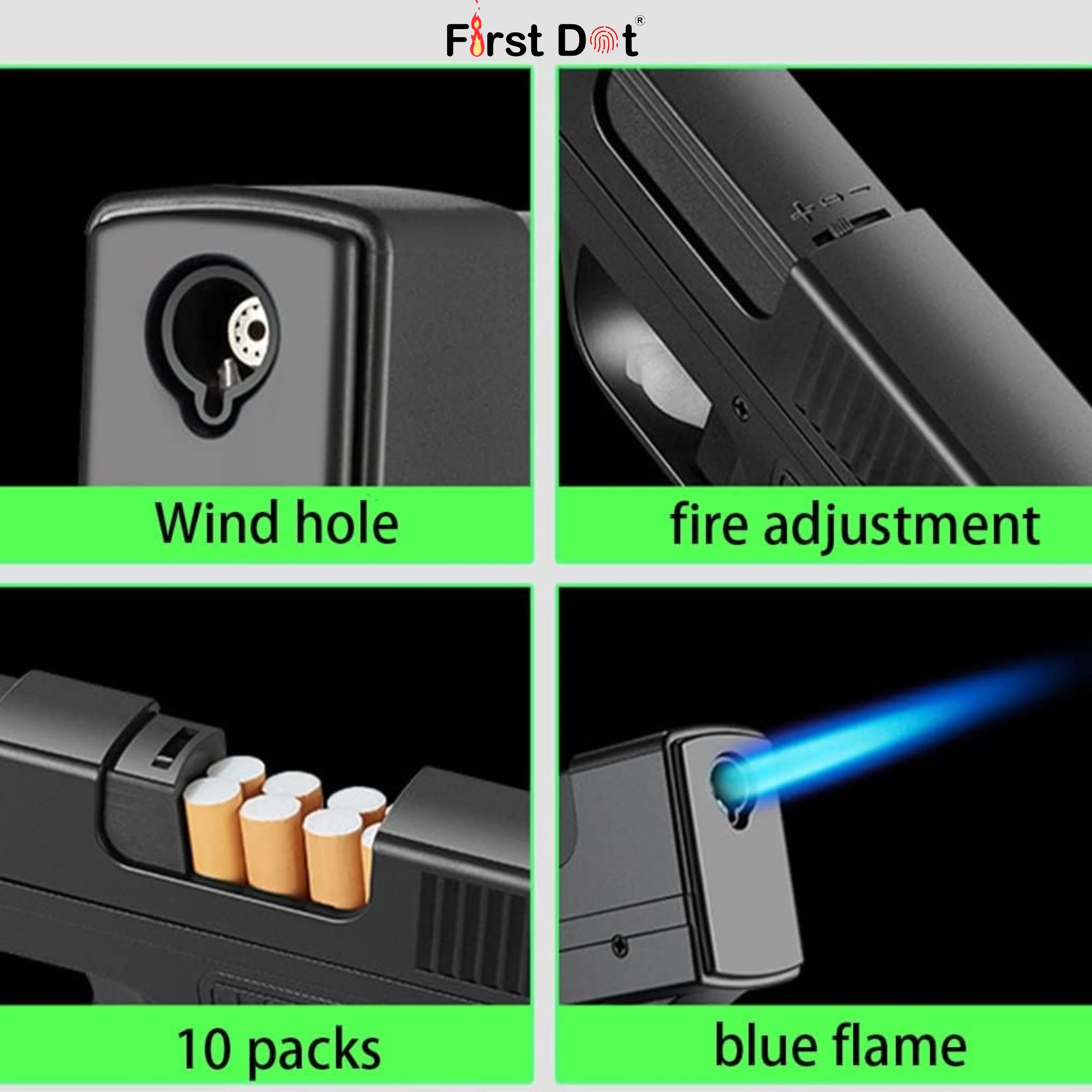 Tactical Gun Lighter with Cigarette Case – 10 Slot storage Jet Flame