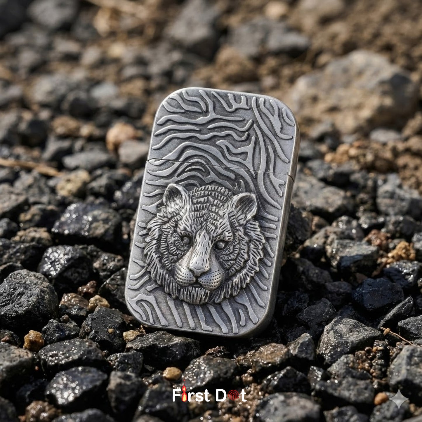 Metallic bear head design on a textured surface with 'First Dot' branding.