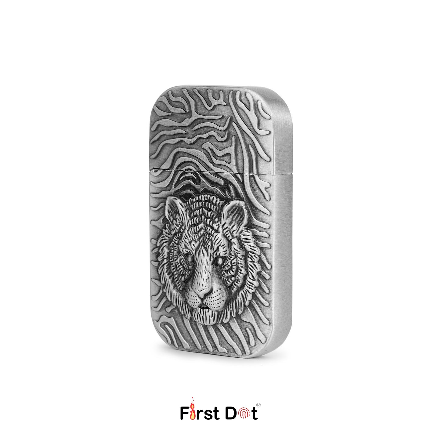 Metallic lighter with tiger design on a white background, branded 'First Dot'.