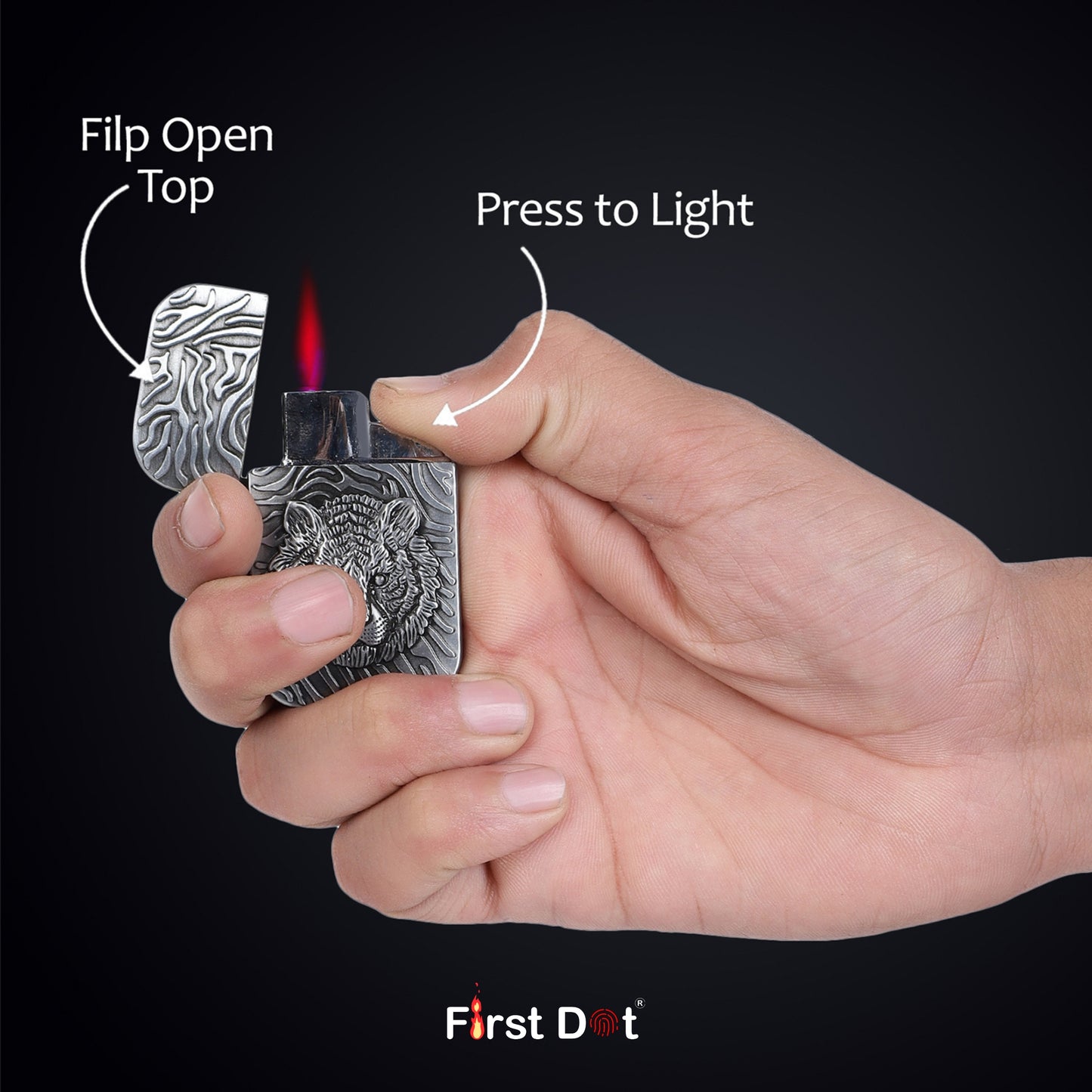 Hand holding a decorative lighter with instructions on how to use it, branded 'First Dot'.