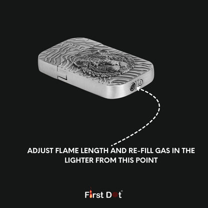 Silver lighter with tiger design on a black background, featuring text on adjusting flame length and refilling gas.