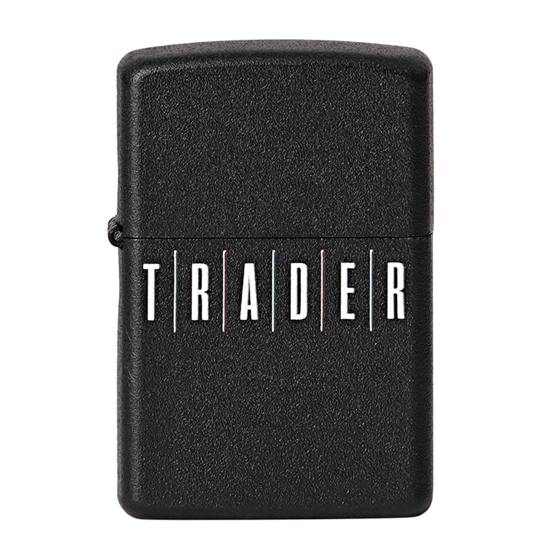 Black lighter with 'TRADER' branding on a white background Trade Premium Refillable Cigarette Lighter