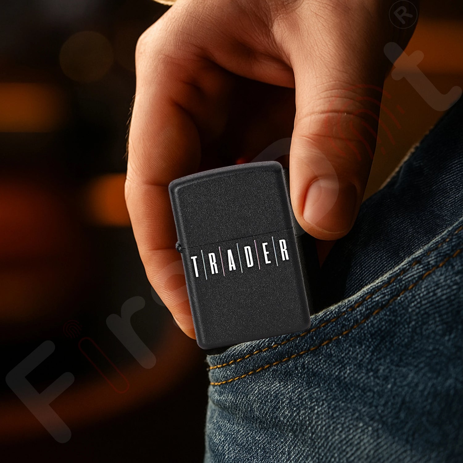 Hand holding a black lighter with 'TRADER' branding against a blurred background Trade Premium Refillable Cigarette Lighter