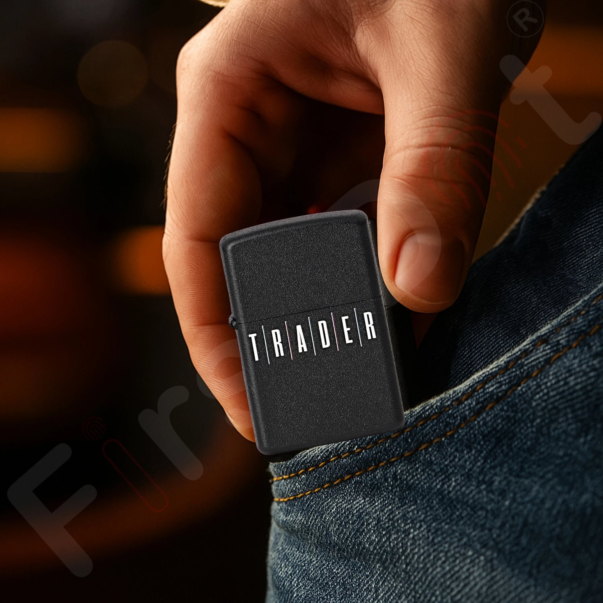 Hand holding a black lighter with 'TRADER' branding against a blurred background Trade Premium Refillable Cigarette Lighter