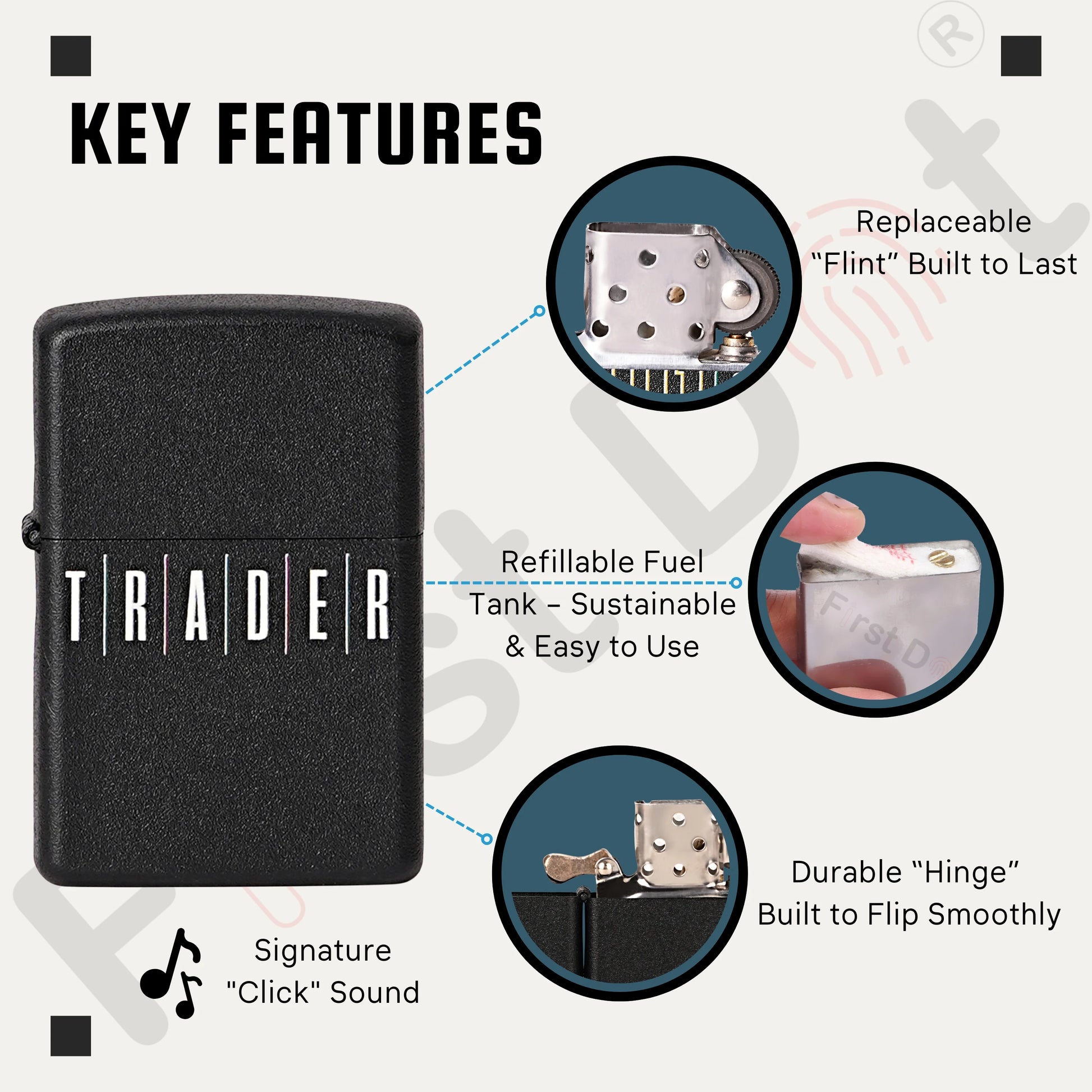 Black lighter with 'TRADER' branding and key features highlighted on a white background. Trade Premium Refillable Cigarette Lighter