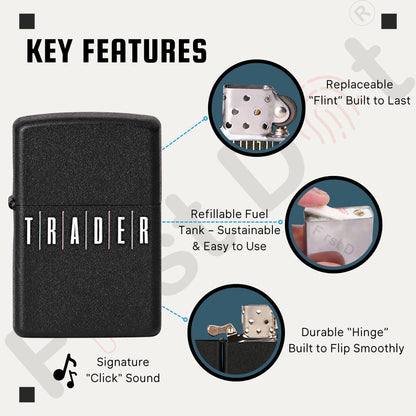 Black lighter with 'TRADER' branding and key features highlighted on a white background. Trade Premium Refillable Cigarette Lighter