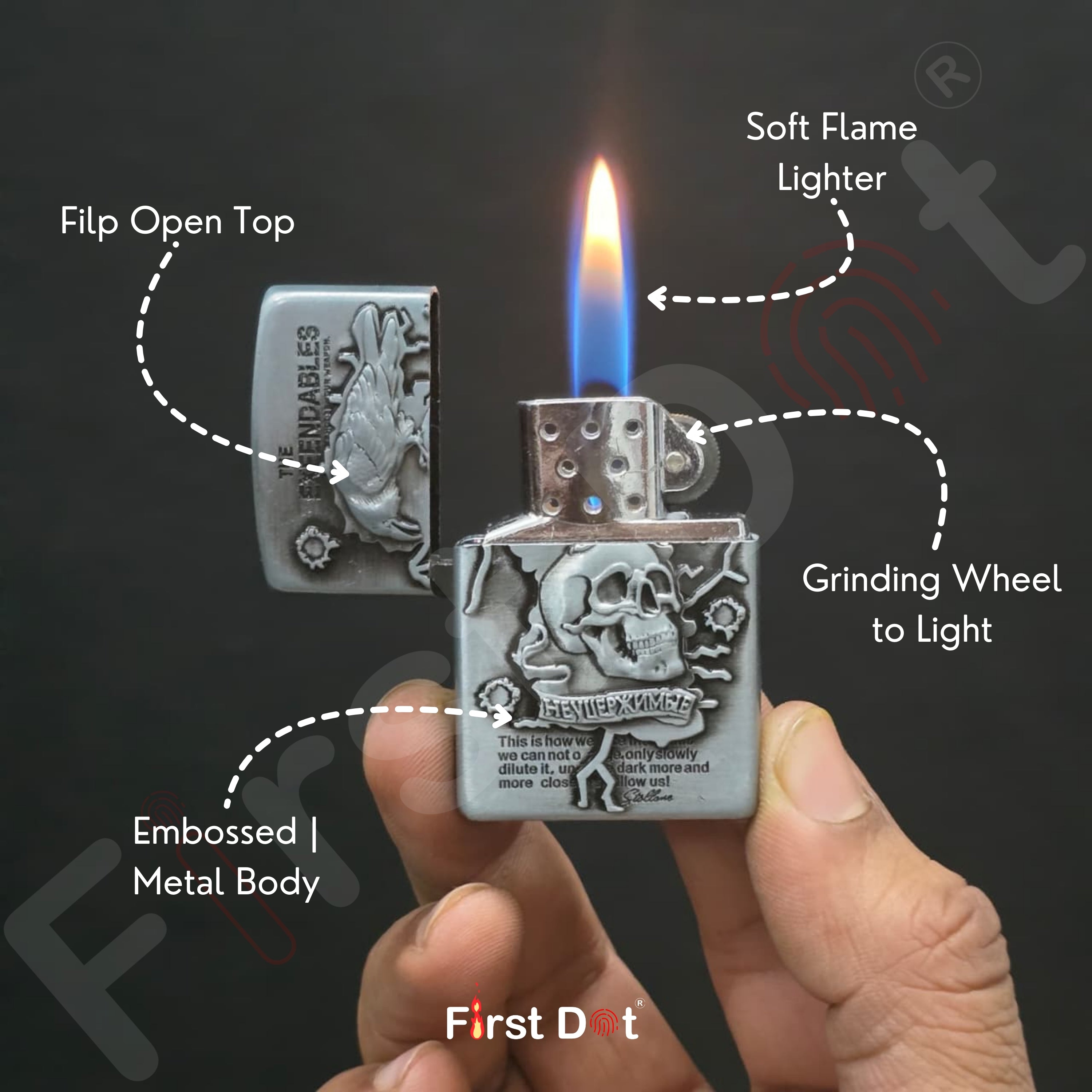 Metallic lighter being held with features labeled on a dark background