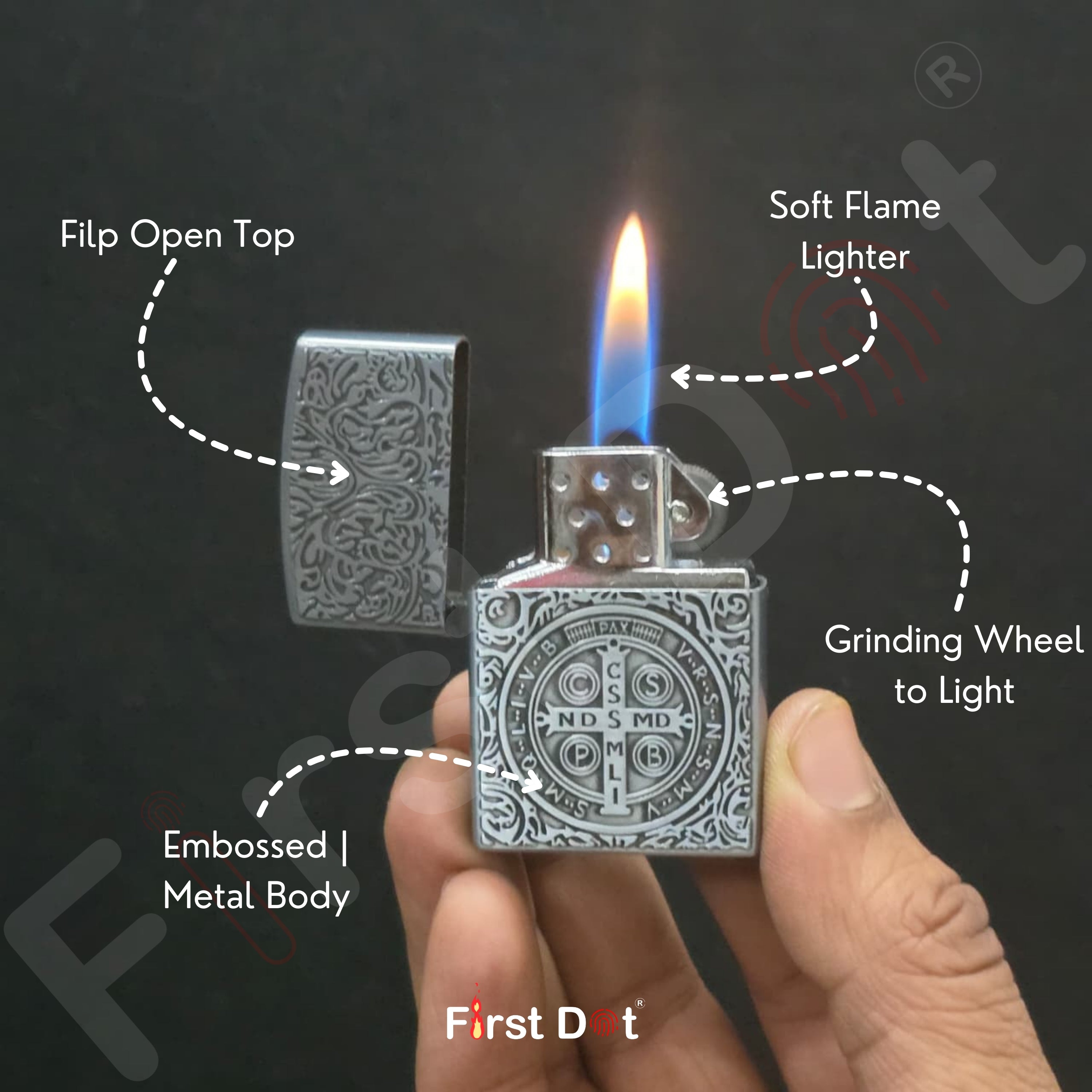 Silver lighter being held with features labeled on a dark background