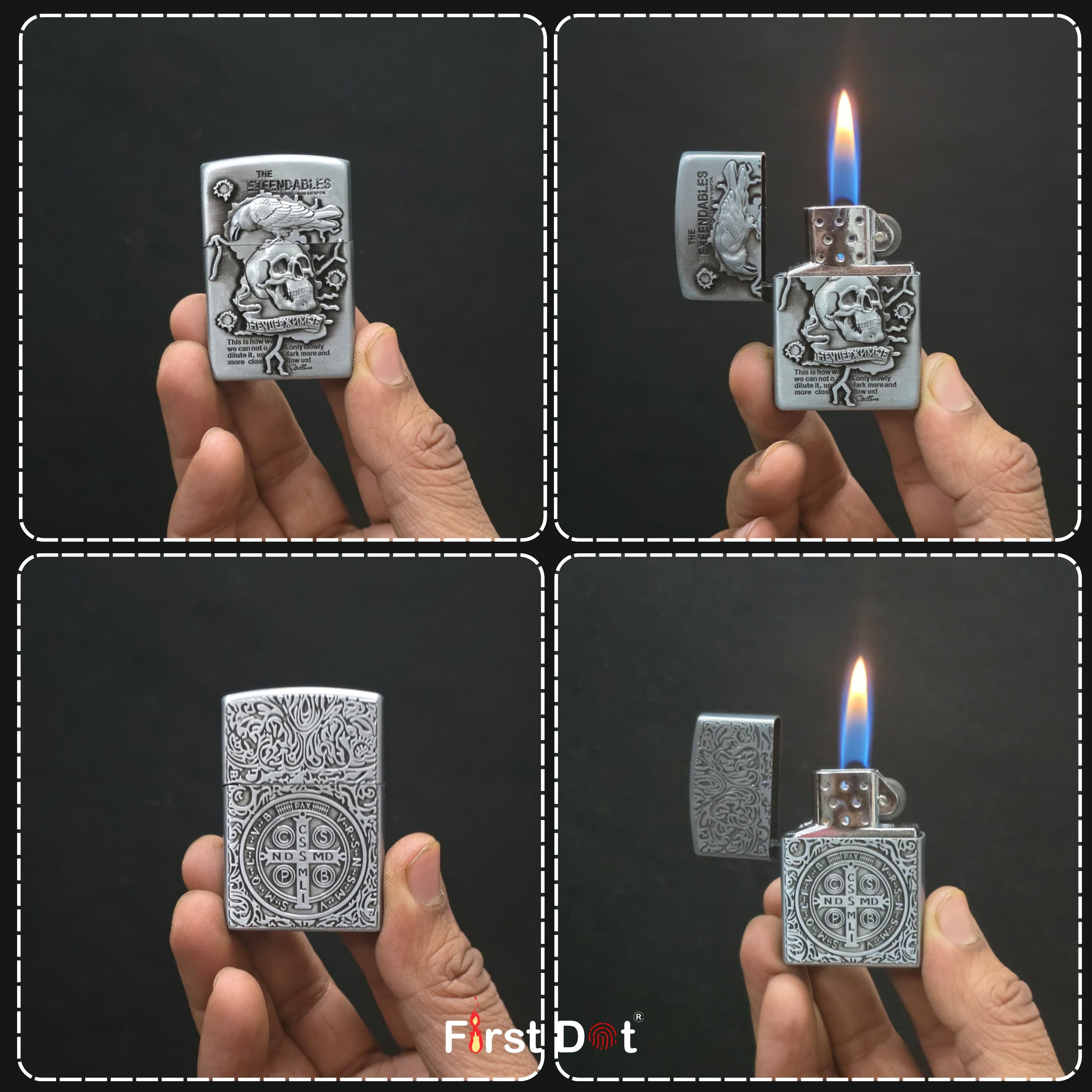 Silver lighter with intricate design held by a hand, shown from different angles against a dark background.