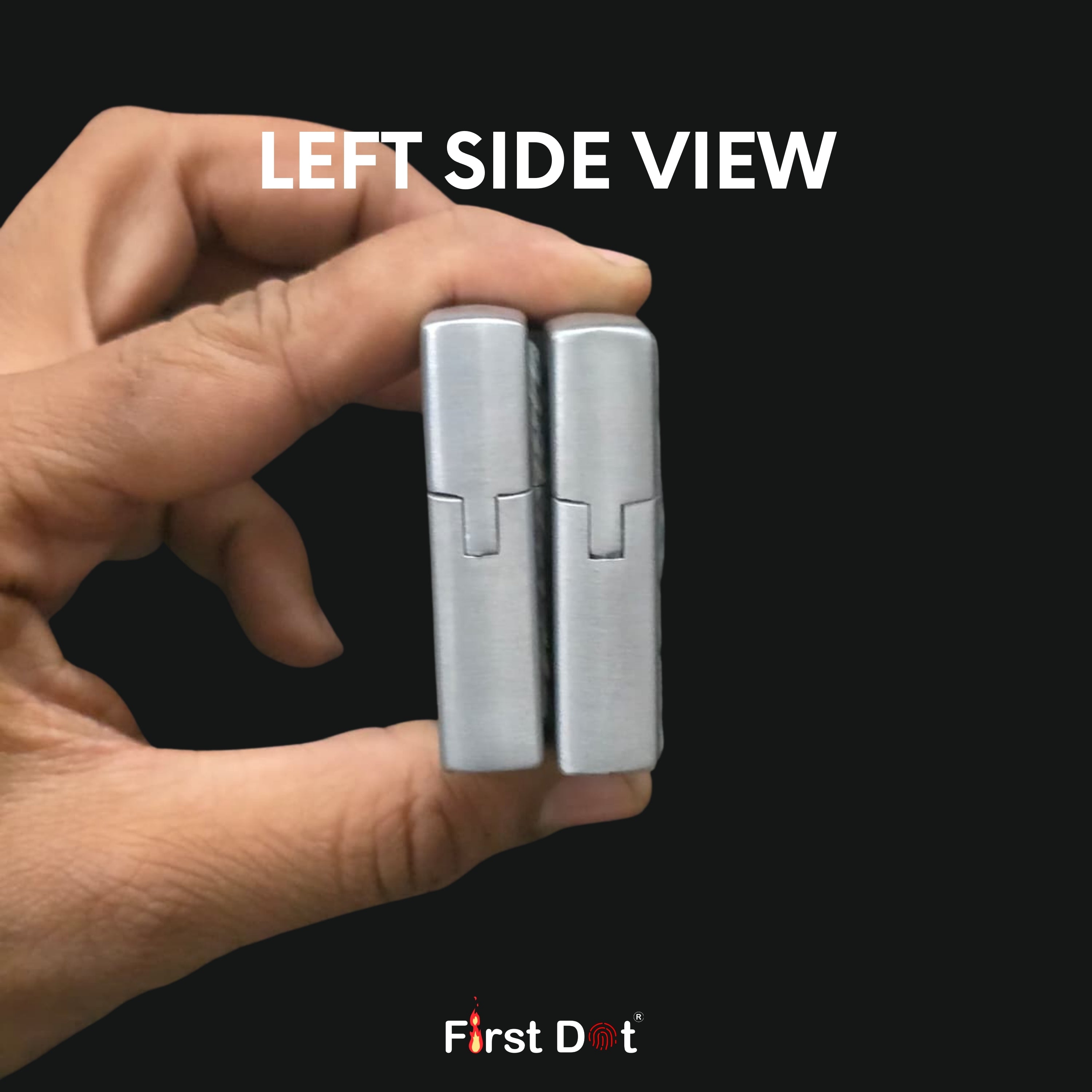 Hand holding two metallic devices with 'First Dot' branding on a black background