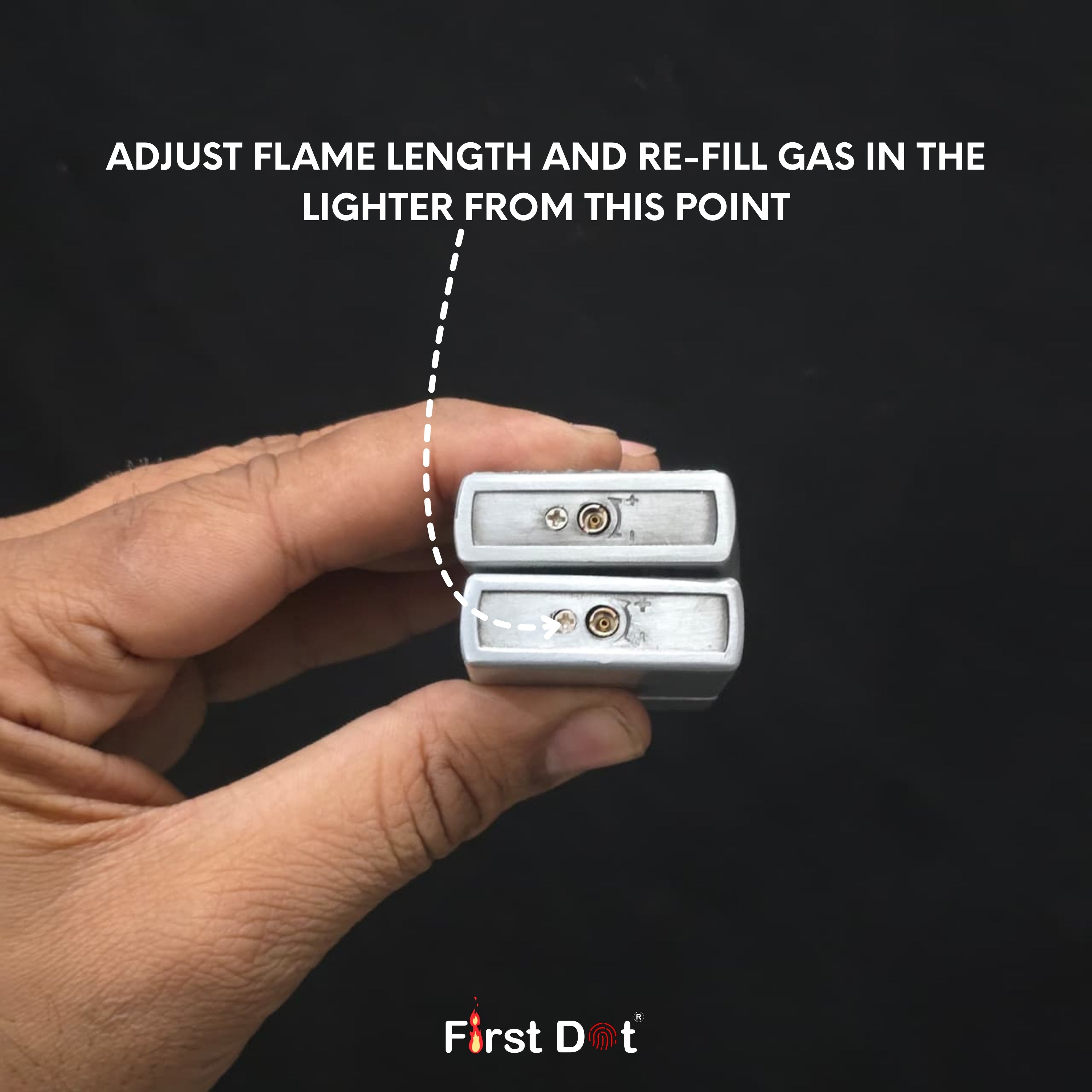 Hand holding a lighter with instructions on adjusting flame length and refilling gas, branded 'First Dot'.