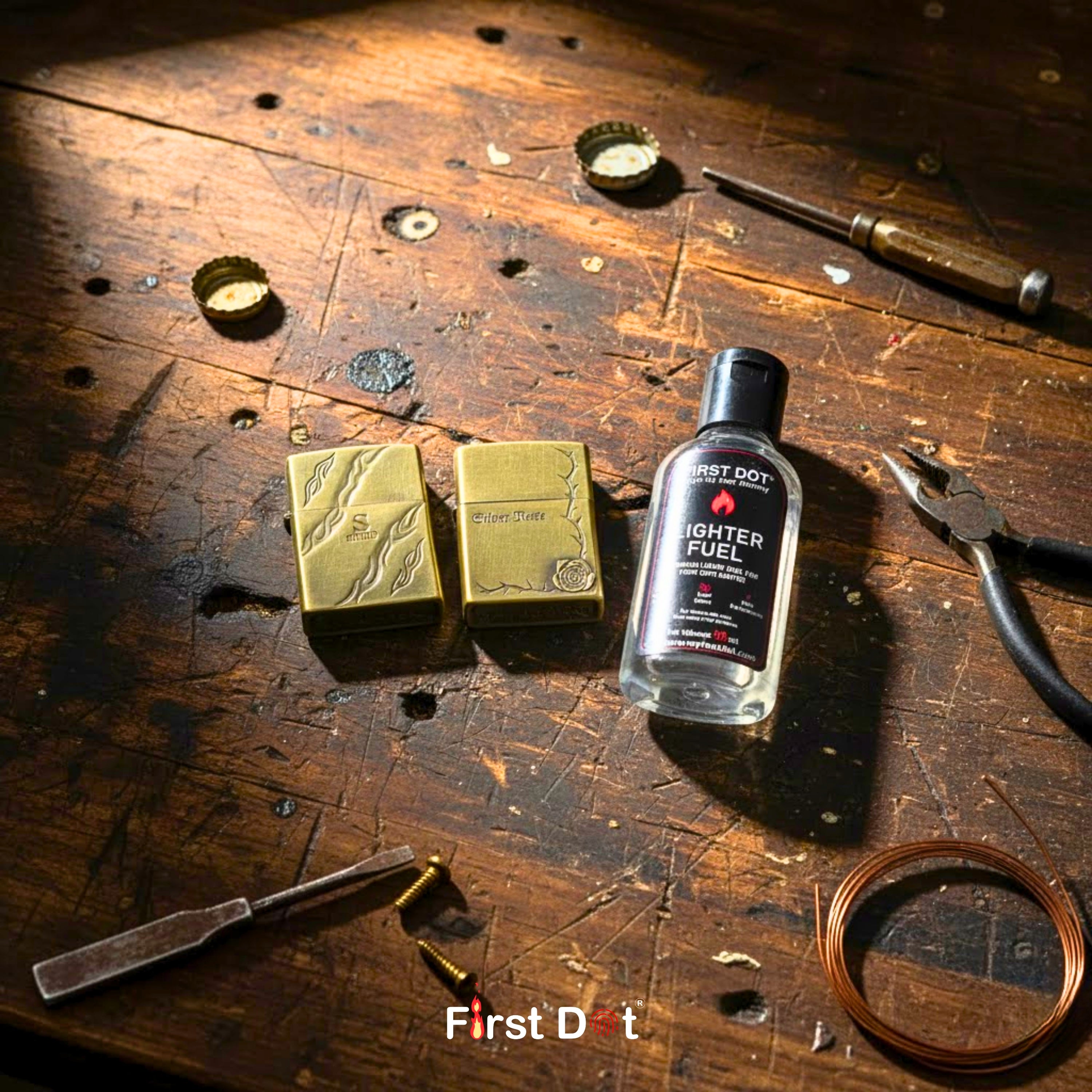 Collection of tools and items on a wooden surface with 'First Dot' branding.