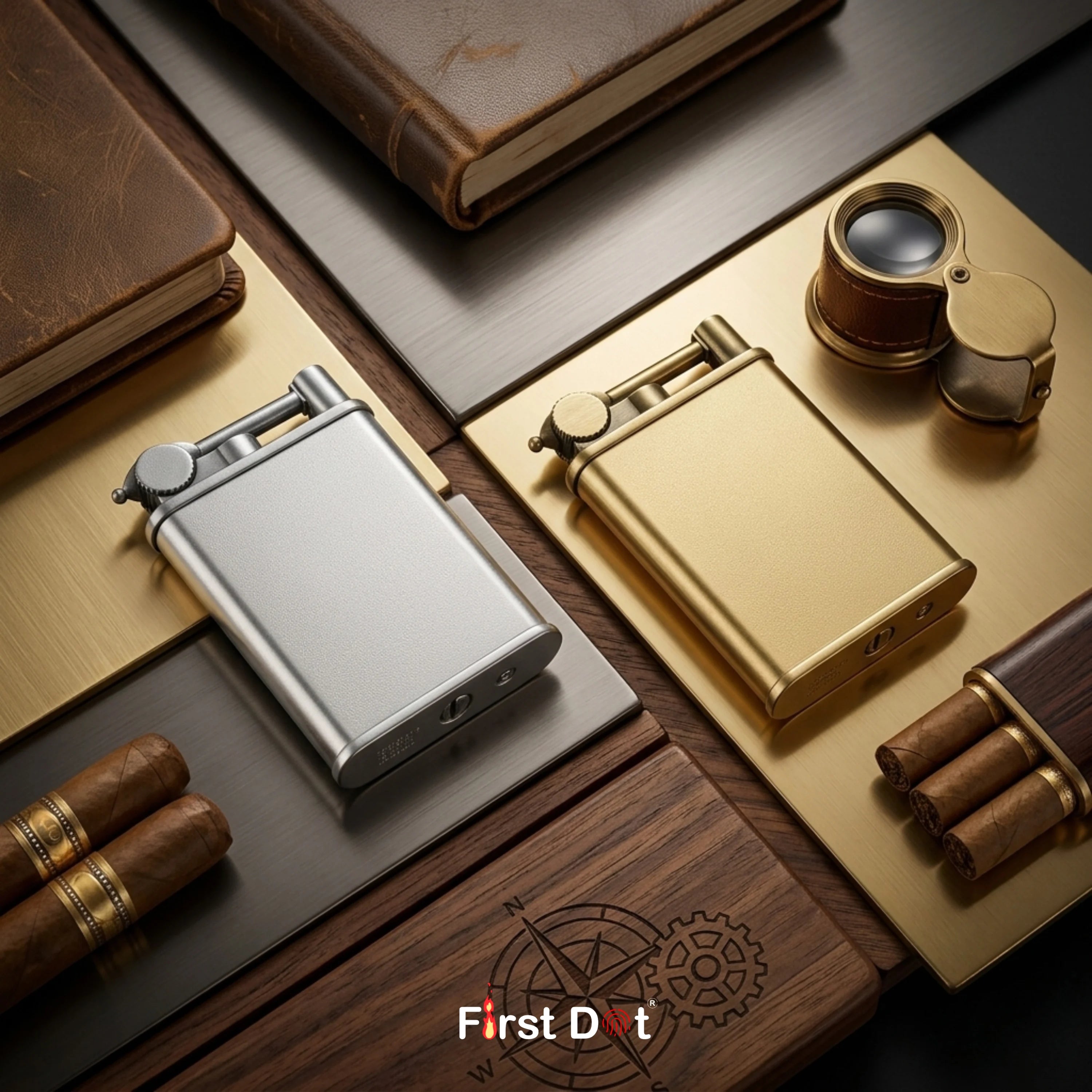Collection of vintage-style items including a silver lighter, gold lighter, and leather-bound books on a wooden surface with 'First Dot' branding.