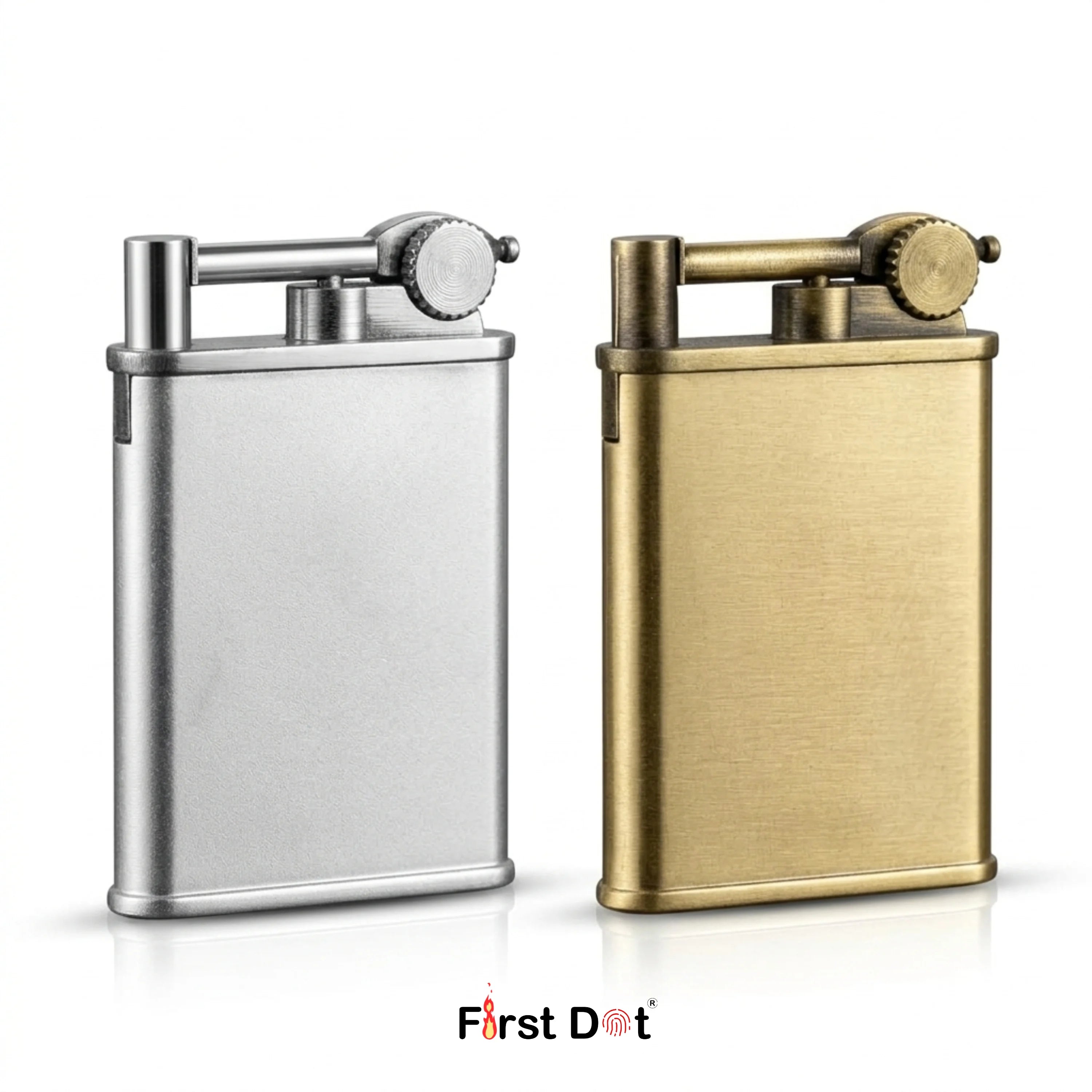 Two metal lighters, one silver and one gold, on a white background with 'First Dot' branding.