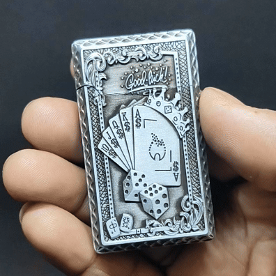 Good Luck Dice Embossed Refillable Cigarette Lighter Silver