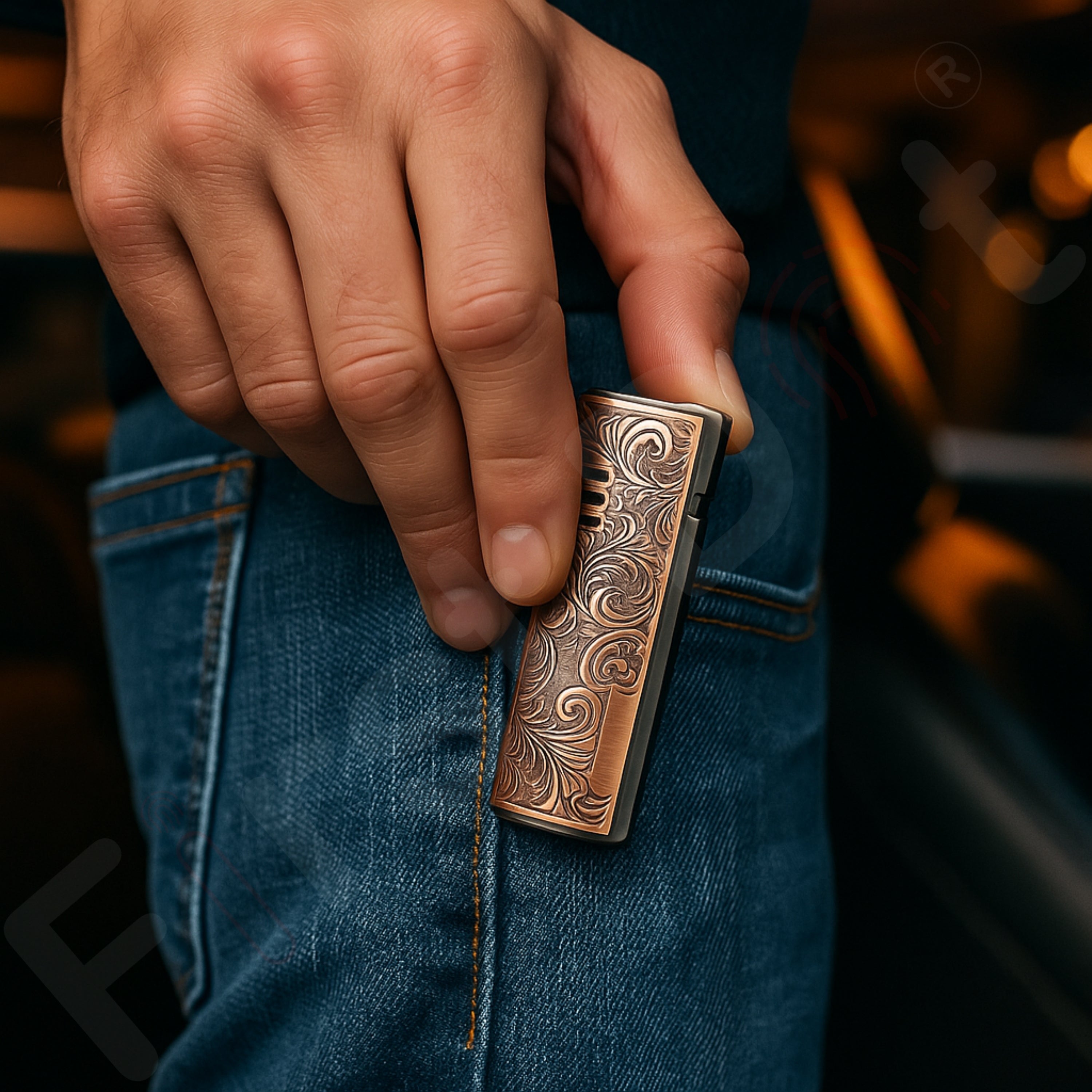Hand holding a Vintage Leaf Engraved Cigarette Lighter – Windproof 
