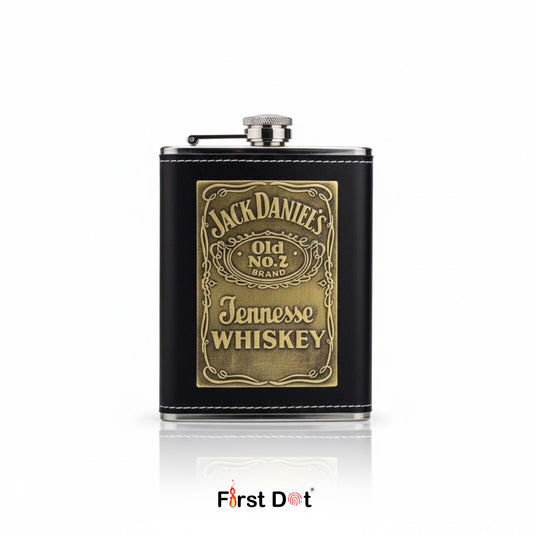 Vintage Black Leather Hip Flask 8oz with Embossed Design