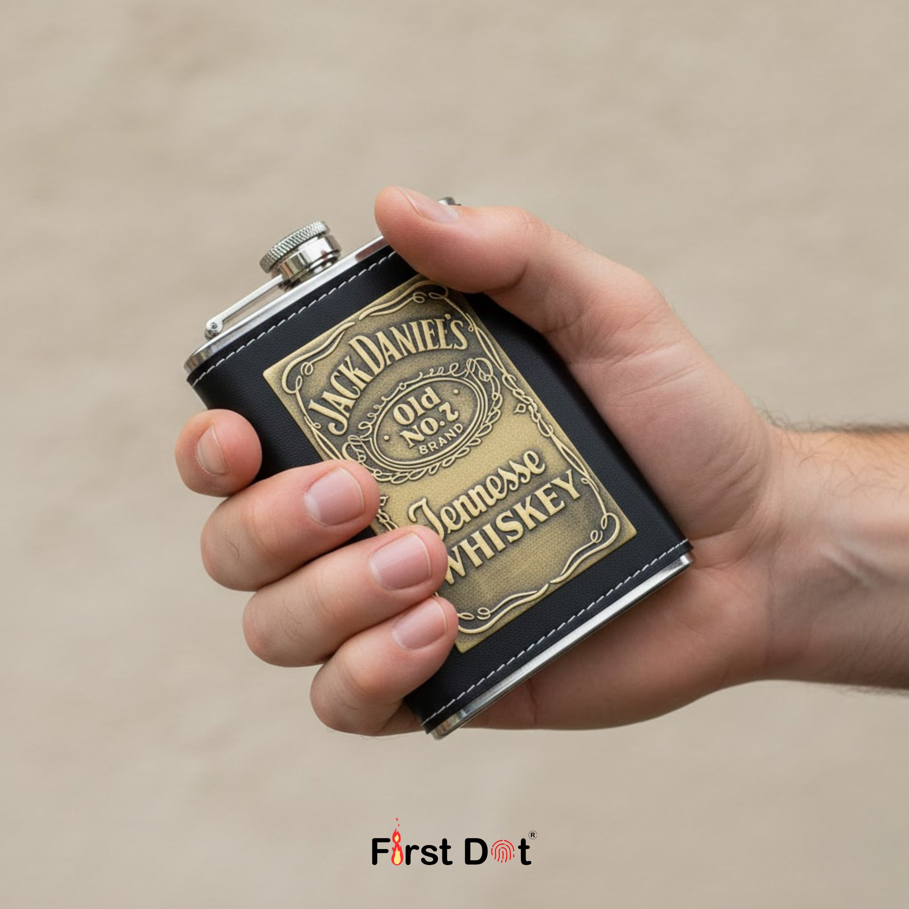 Vintage Black Leather Hip Flask 8oz with Embossed Design