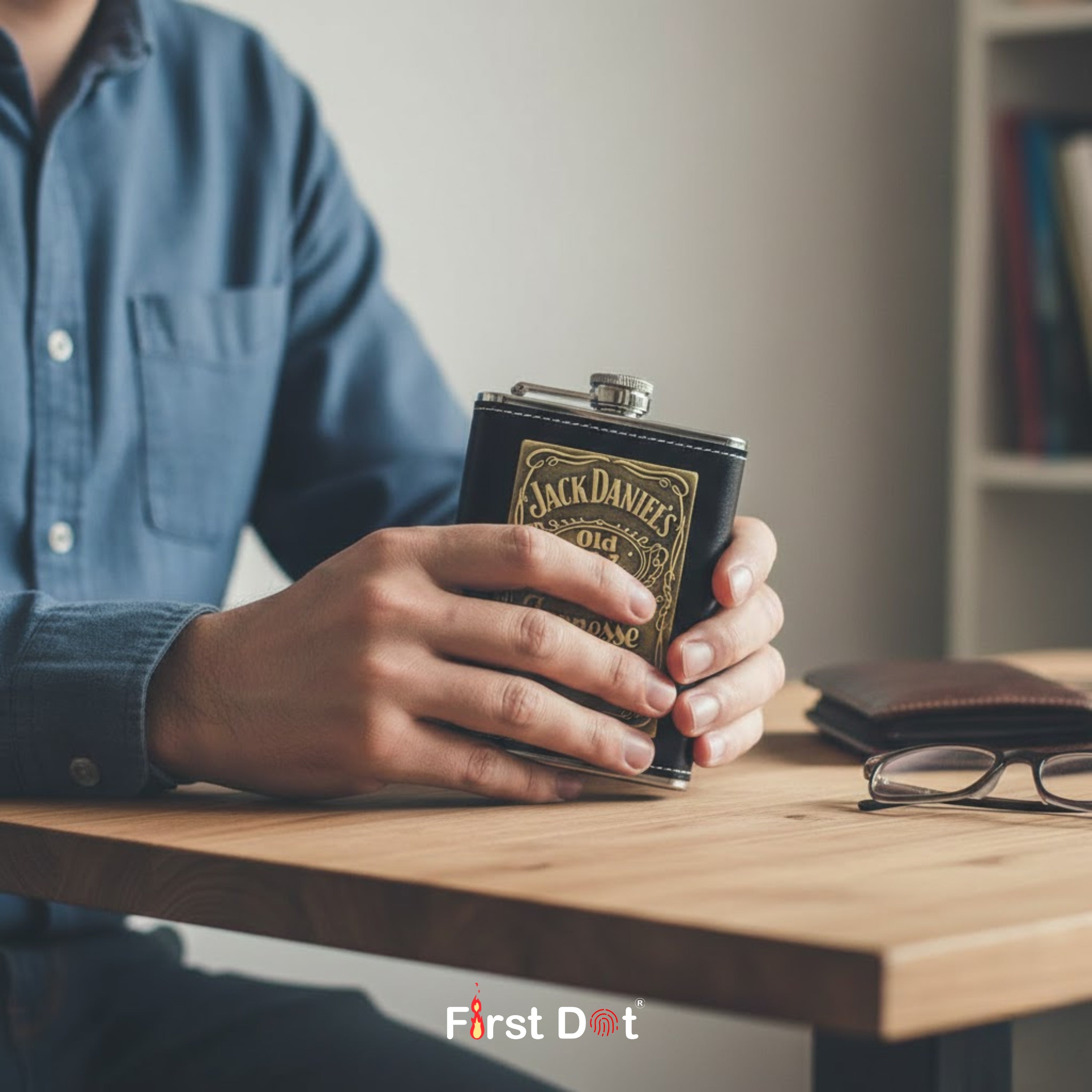 Vintage Black Leather Hip Flask 8oz with Embossed Design